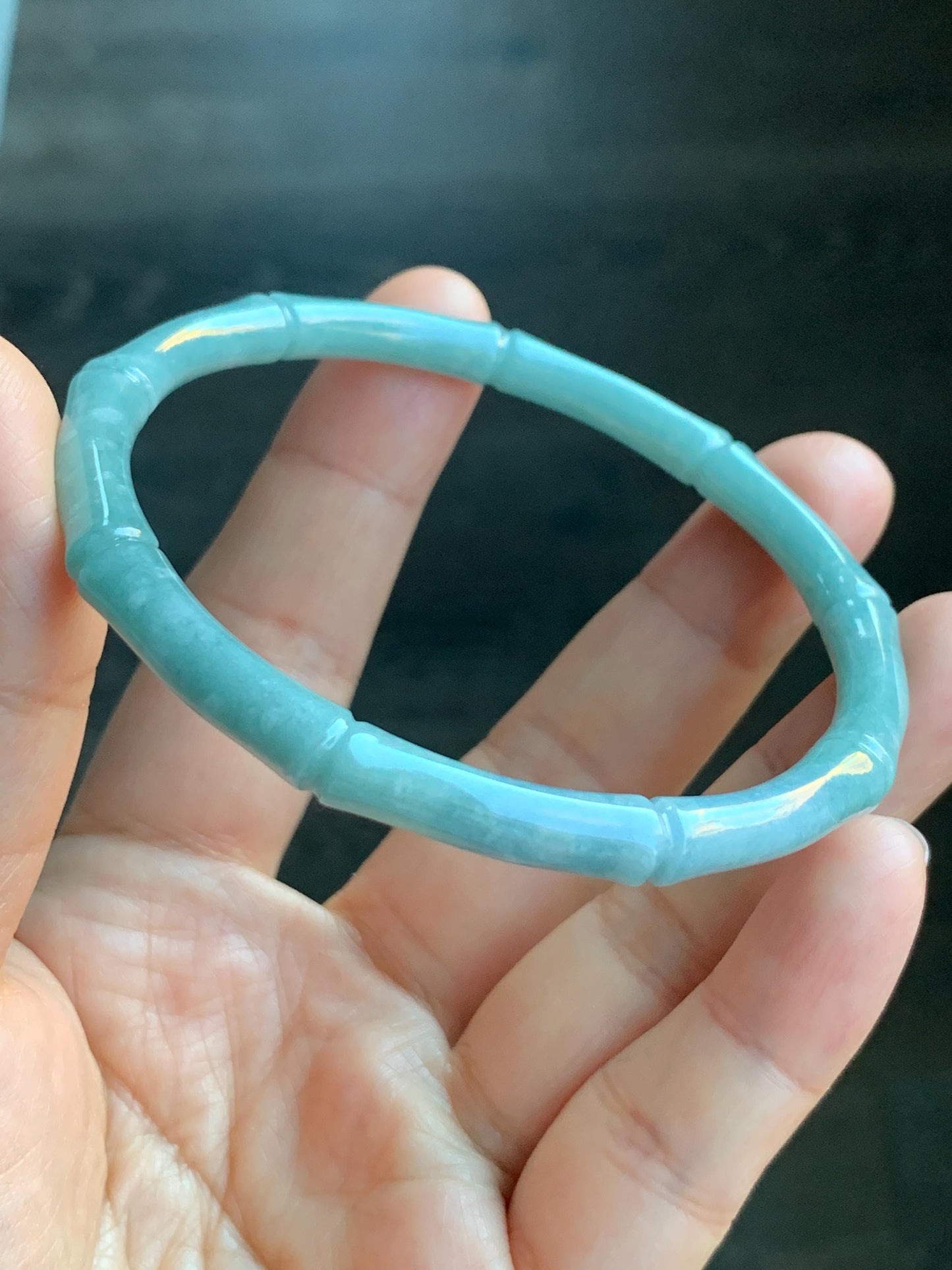 Certified Natural Guatemalan Translucent Light Teal Blue Jadeite Carved Slim Bamboo Bangle Bracelet 62mm 7.68” 19.43g 天然危浅篮绿翡翠竹节手镯 7822