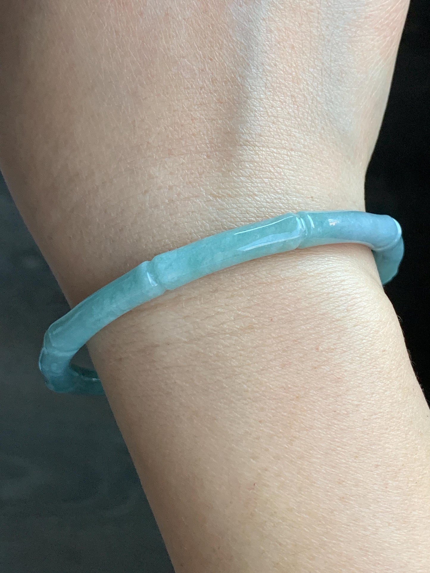 Certified Natural Guatemalan Translucent Light Teal Blue Jadeite Carved Slim Bamboo Bangle Bracelet 62mm 7.68” 19.43g 天然危浅篮绿翡翠竹节手镯 7822