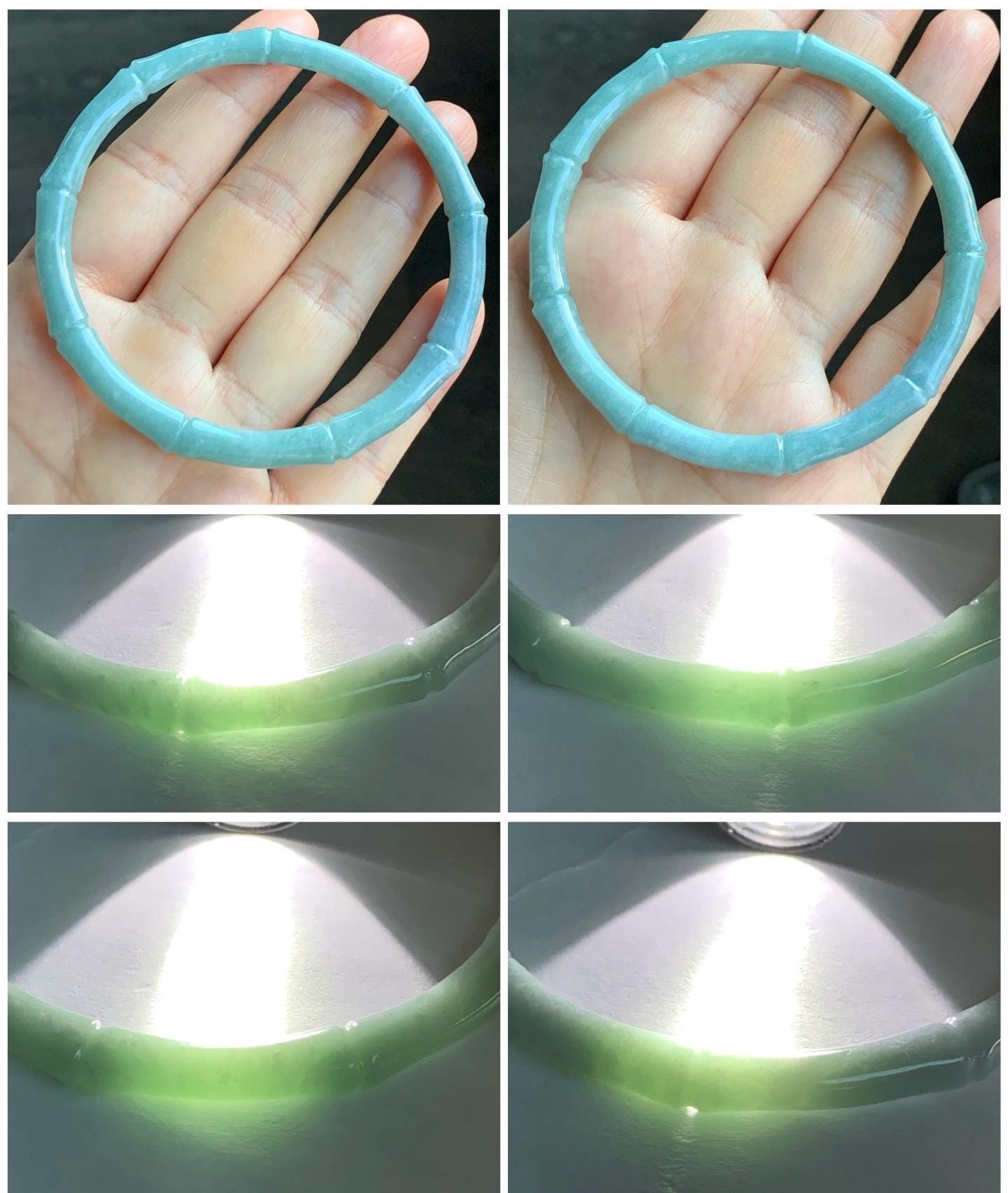 Certified Natural Guatemalan Translucent Light Teal Blue Jadeite Carved Slim Bamboo Bangle Bracelet 62.3mm 7.68” 17.09g 天然危浅篮绿翡翠竹节手镯 7821