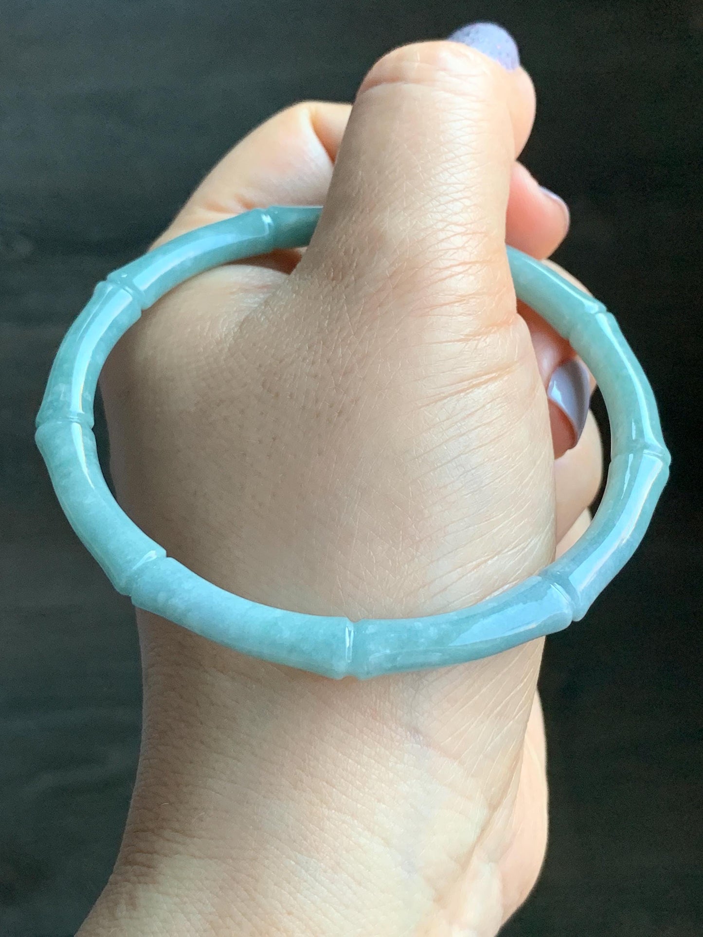 Certified Natural Guatemalan Translucent Light Teal Blue Jadeite Carved Slim Bamboo Bangle Bracelet 62.3mm 7.68” 17.09g 天然危浅篮绿翡翠竹节手镯 7821