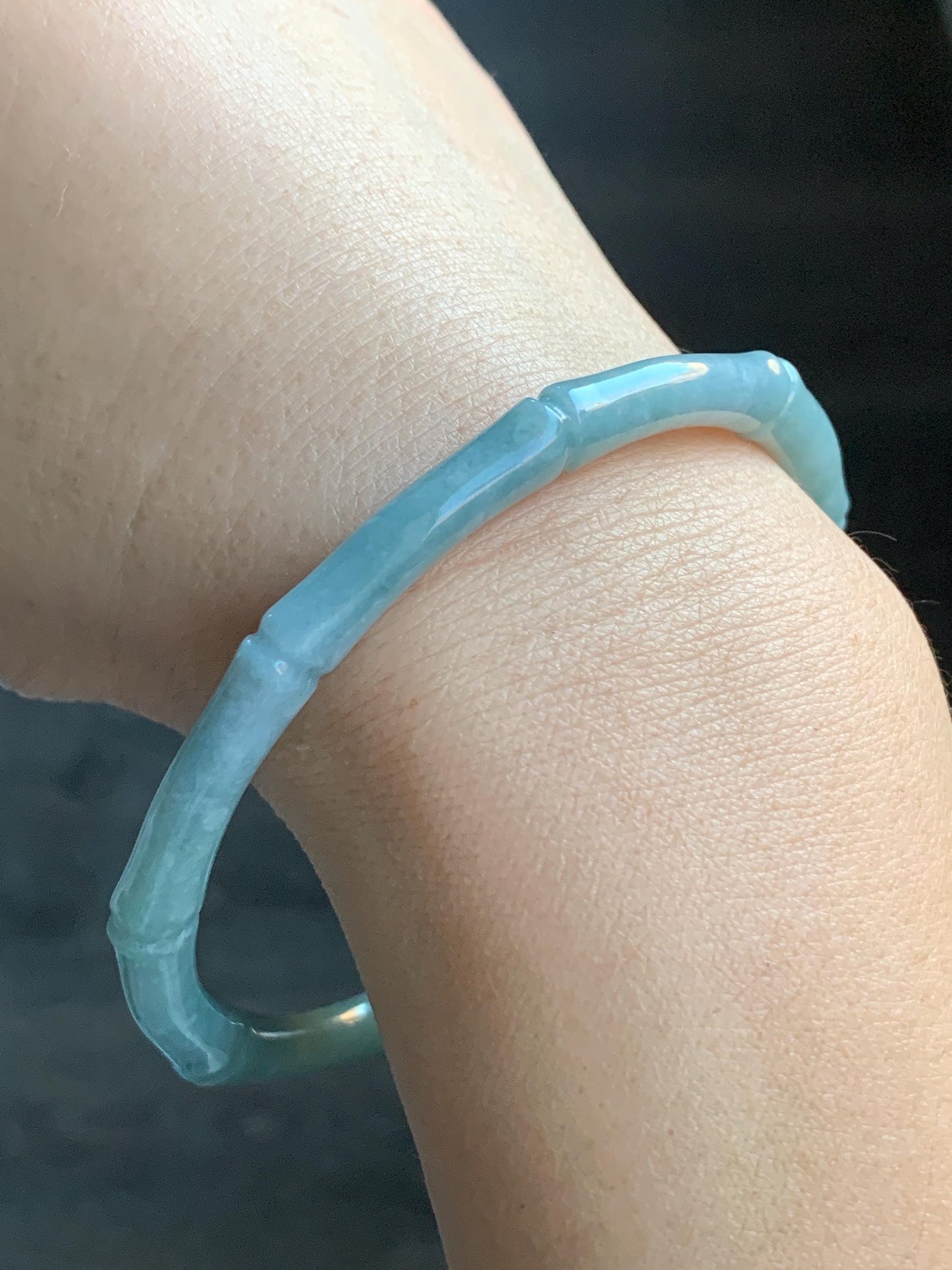 Certified Natural Guatemalan Translucent Light Teal Blue Jadeite Carved Slim Bamboo Bangle Bracelet 62.3mm 7.68” 17.09g 天然危浅篮绿翡翠竹节手镯 7821