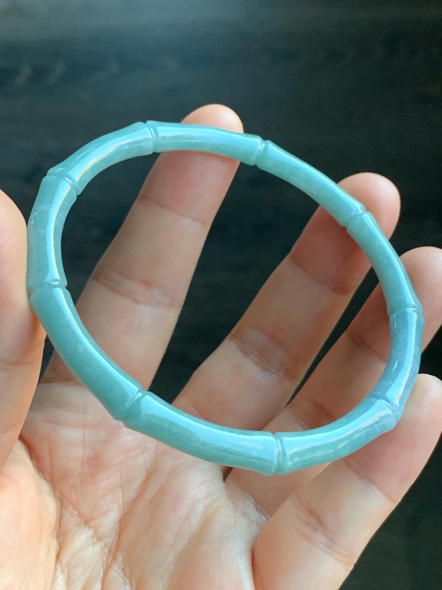 Certified Natural Guatemalan Translucent Light Teal Blue Jadeite Carved Slim Bamboo Bangle Bracelet 62.3mm 7.68” 17.09g 天然危浅篮绿翡翠竹节手镯 7821