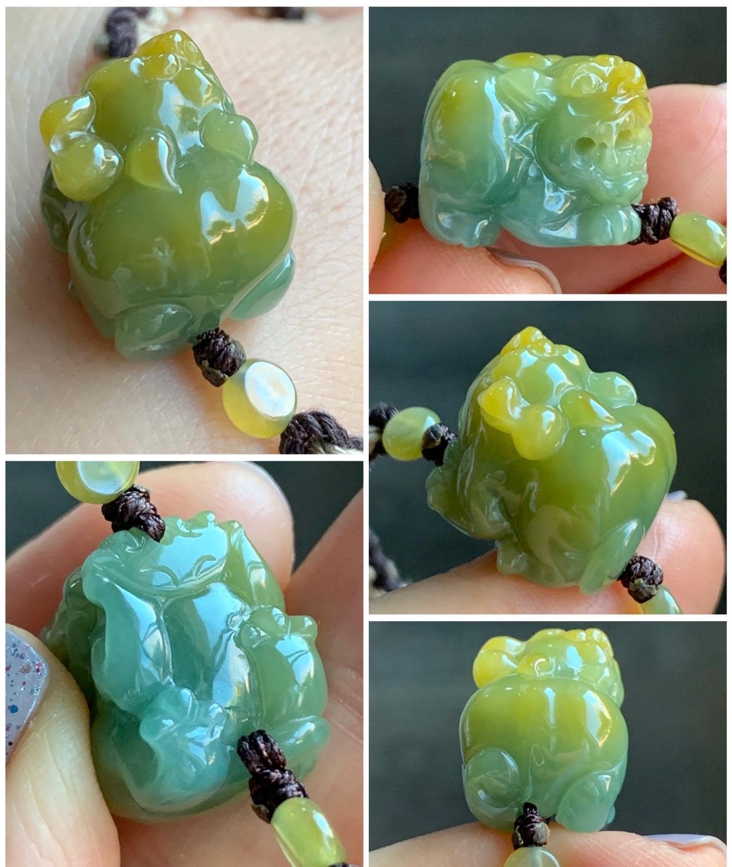 Certified Natural Guatemalan Icy Translucent Gelatinous Bright Yellow Marbled Jadeite Pixiu Rope Bracelet 5.5”-9.5” 天然冰胶危黄蓝翡翠貔貅手绳 7797