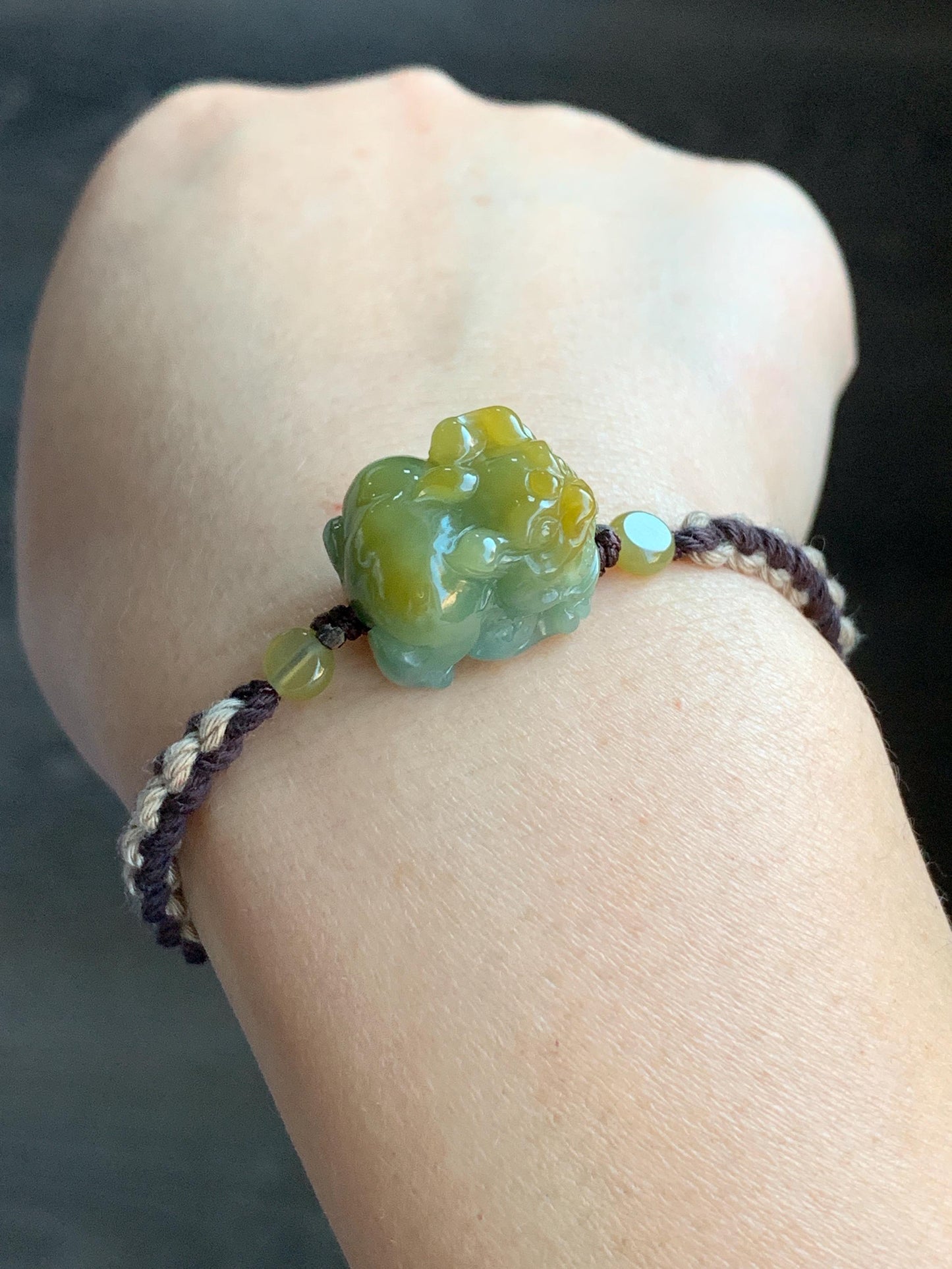 Certified Natural Guatemalan Icy Translucent Gelatinous Bright Yellow Marbled Jadeite Pixiu Rope Bracelet 5.5”-9.5” 天然冰胶危黄蓝翡翠貔貅手绳 7797