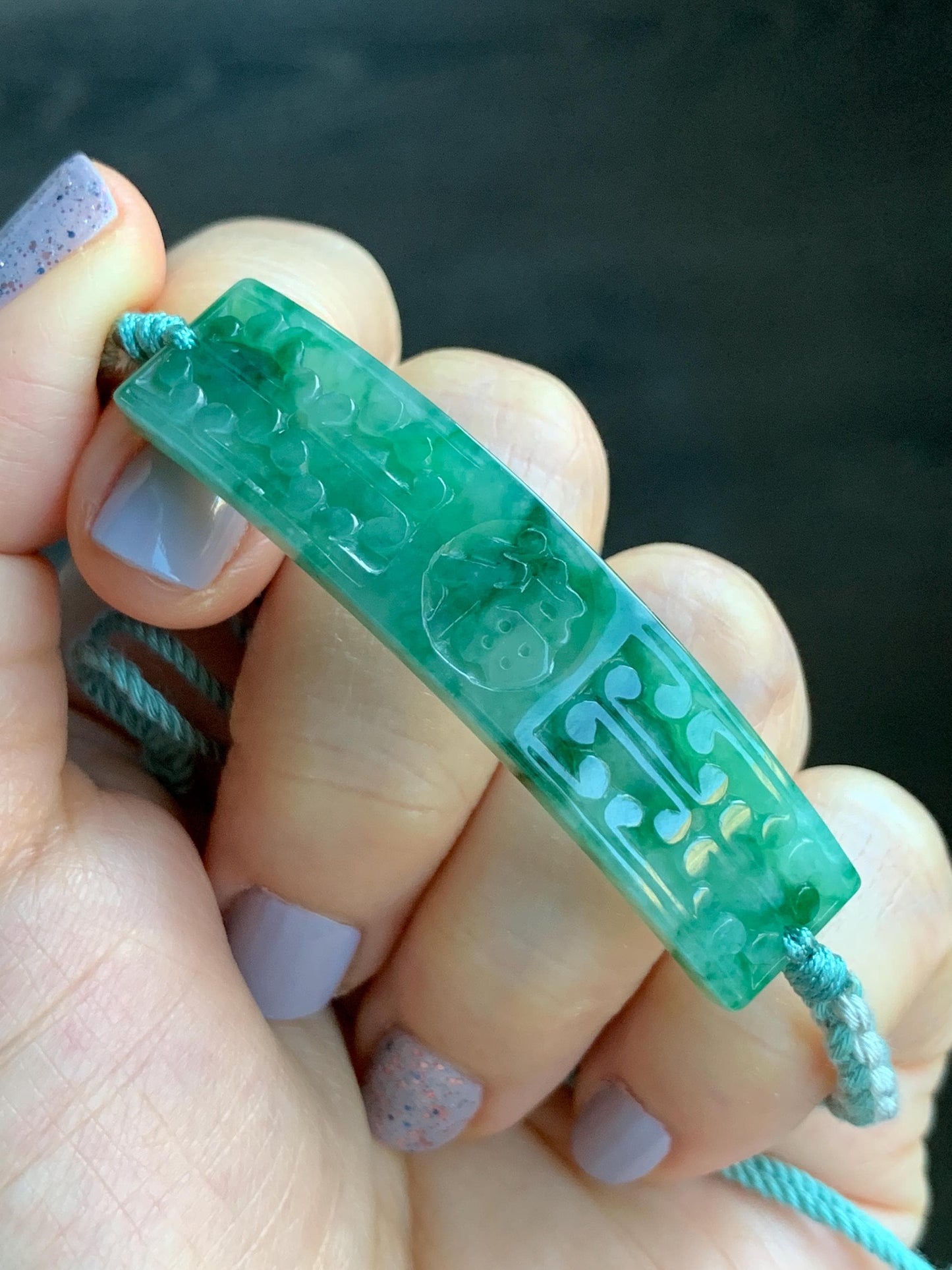 Certified Natural Burmese Icy Translucent Light Green Dark Green Marbled Jadeite Happiness Cuff Rope Bracelet 6.75” 天然缅甸冰飘绿翡翠福字手牌手绳 7840