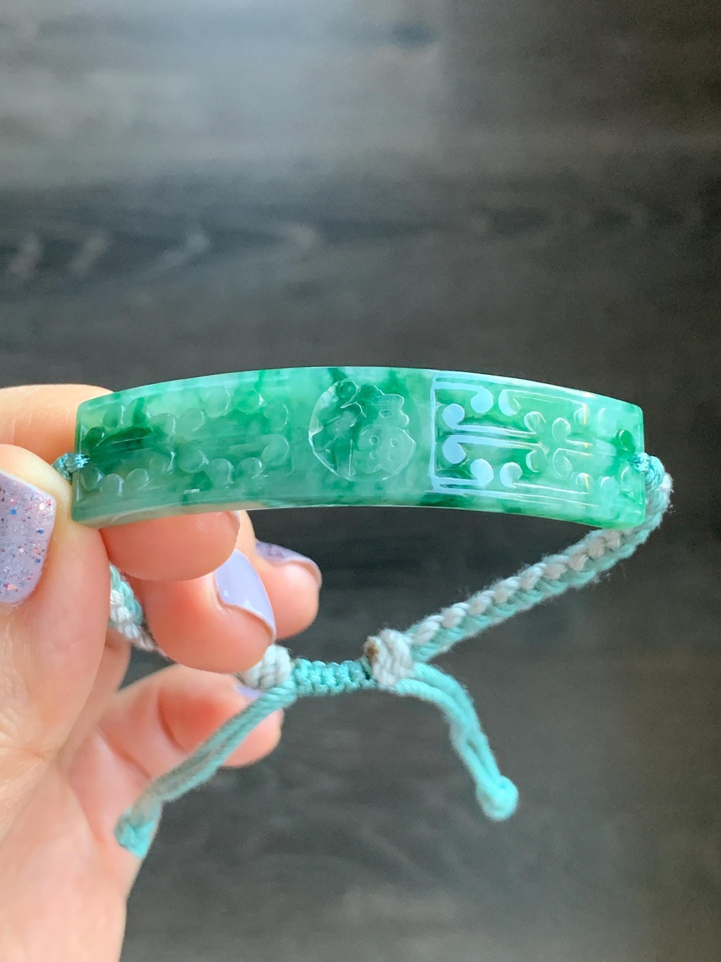 Certified Natural Burmese Icy Translucent Light Green Dark Green Marbled Jadeite Happiness Cuff Rope Bracelet 6.75” 天然缅甸冰飘绿翡翠福字手牌手绳 7840