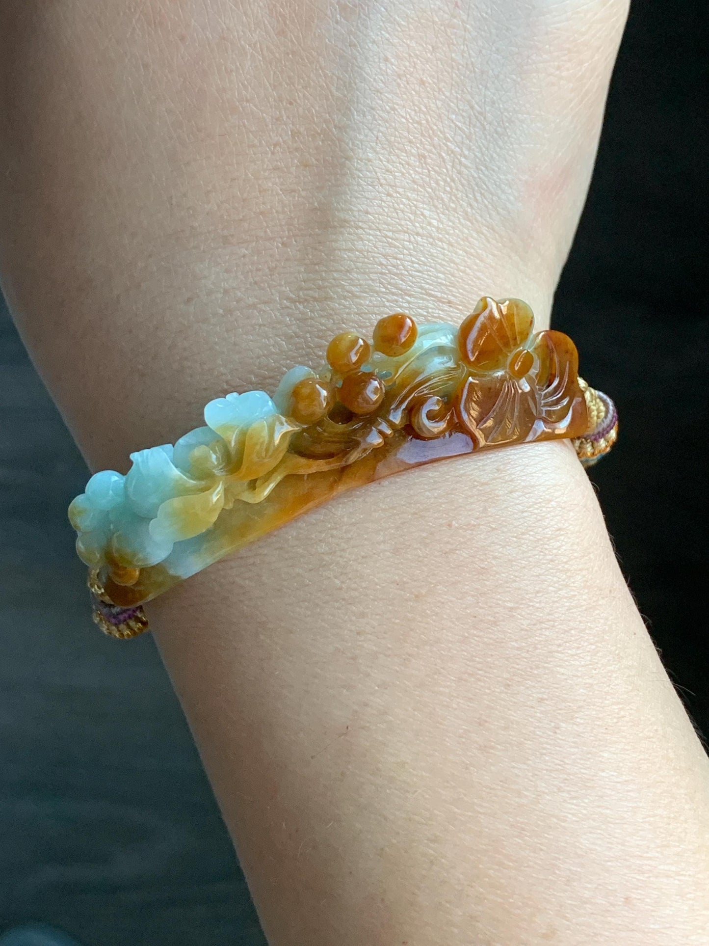 Certified Natural Burmese Icy Translucent Light Green Yellow Bicolored Jadeite Carved Lotus Flower Cuff Rope Bracelet 天然缅甸冰双色翡翠莲花手牌手绳 7839