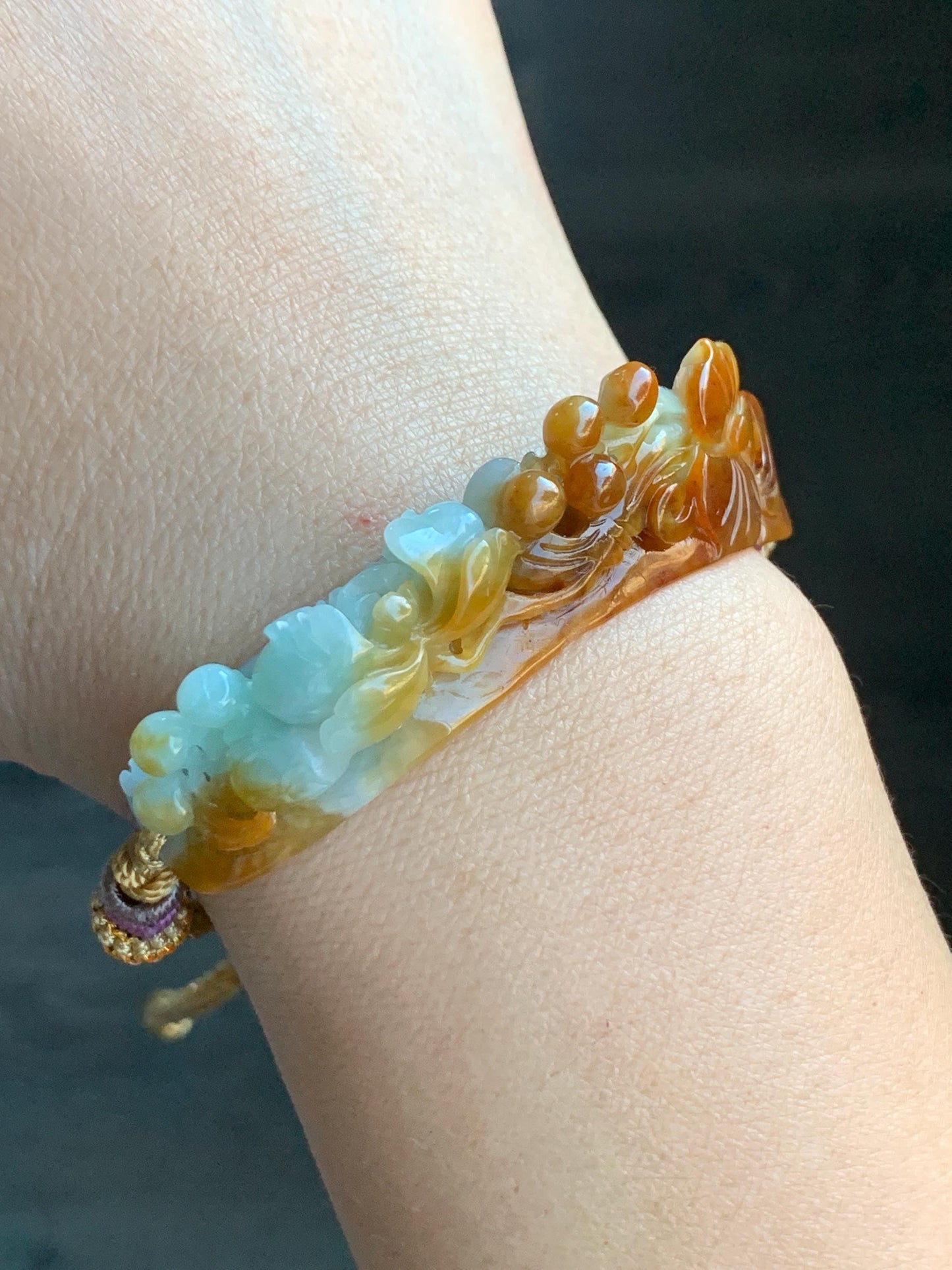 Certified Natural Burmese Icy Translucent Light Green Yellow Bicolored Jadeite Carved Lotus Flower Cuff Rope Bracelet 天然缅甸冰双色翡翠莲花手牌手绳 7839