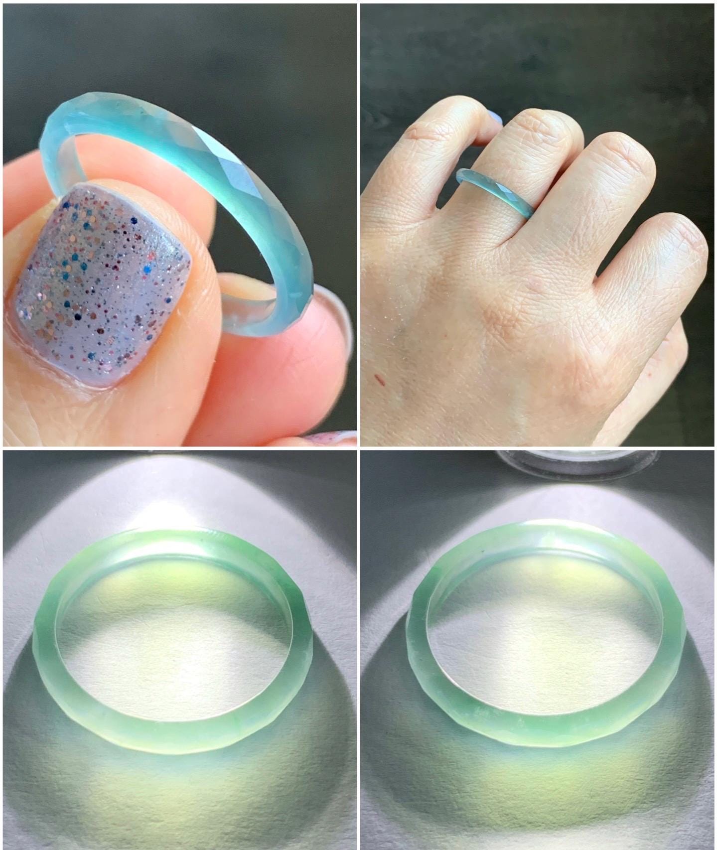 Natural Guatemalan Icy Highly Translucent Gelatinous Light Teal Blue Jadeite Diamond Faceted Slim Band Ring Size 9 天然冰危浅蓝起光翡翠切割面戒圈 ZQB1