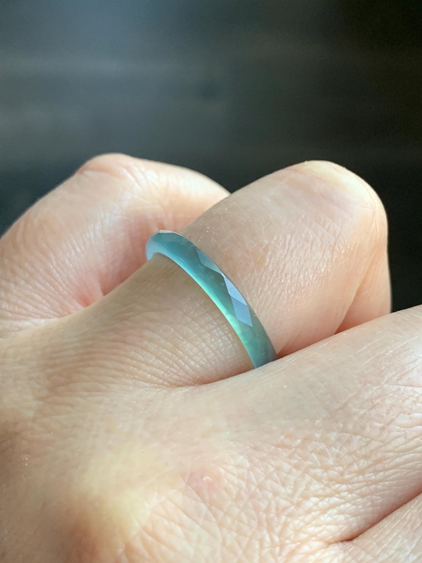 Natural Guatemalan Icy Highly Translucent Gelatinous Light Teal Blue Jadeite Diamond Faceted Slim Band Ring Size 9 天然冰危浅蓝起光翡翠切割面戒圈 ZQB1