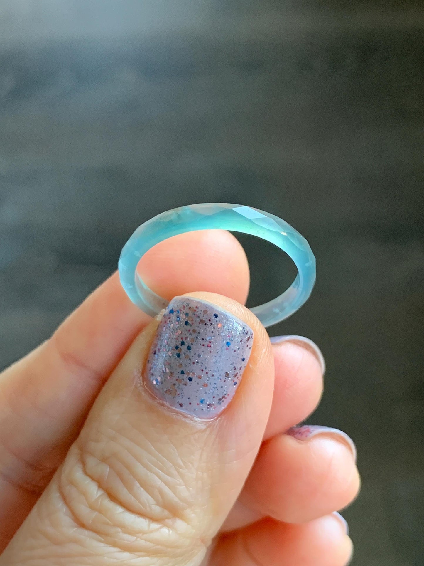 Natural Guatemalan Icy Highly Translucent Gelatinous Light Teal Blue Jadeite Diamond Faceted Slim Band Ring Size 9 天然冰危浅蓝起光翡翠切割面戒圈 ZQB1