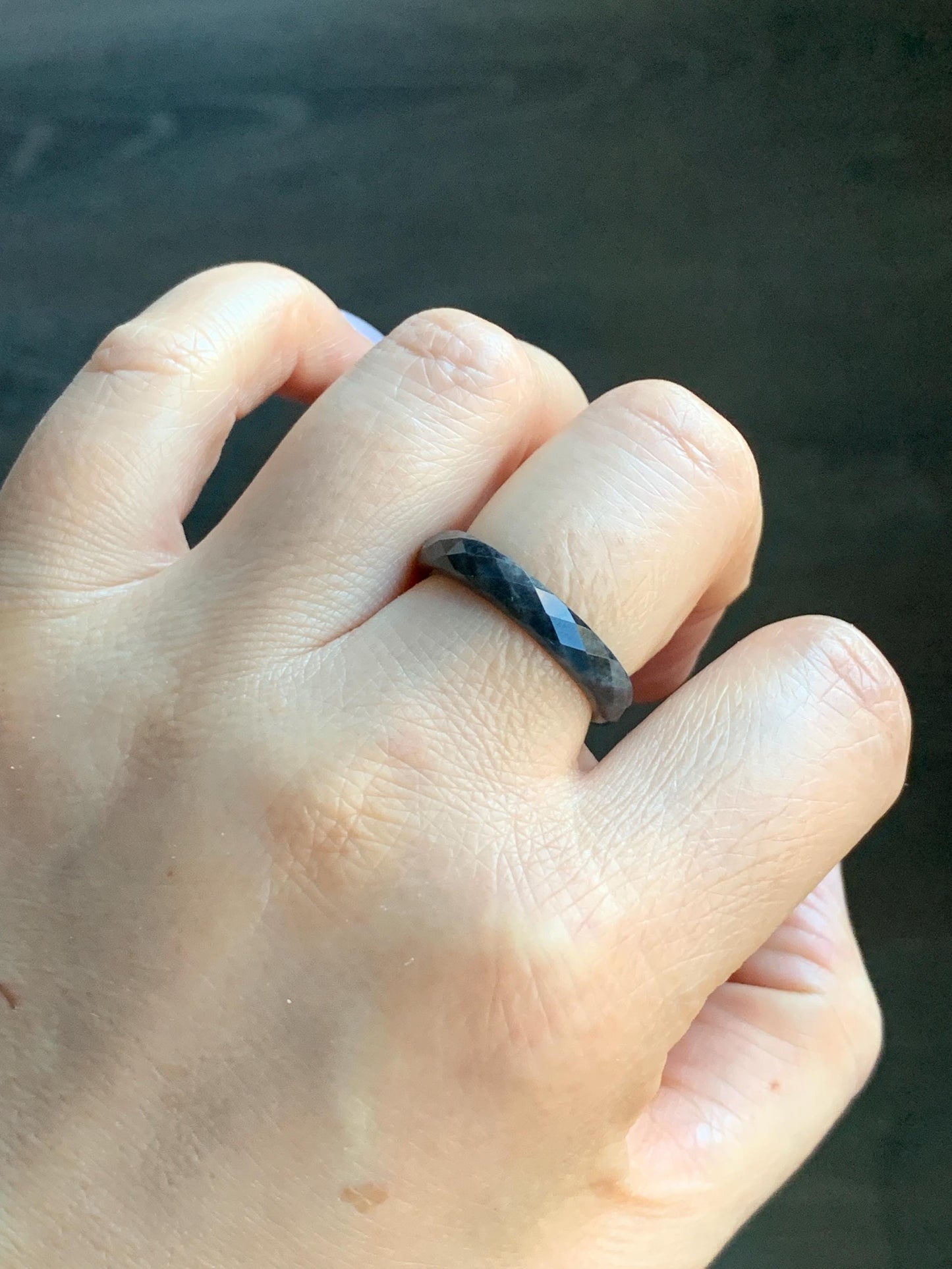 Natural Burmese Icy Translucent Dark Wuji Jadeite Diamond Faceted Band Ring Size 9.25 US 天然缅甸冰乌鸡翡翠切割面戒圈 ZQW-B