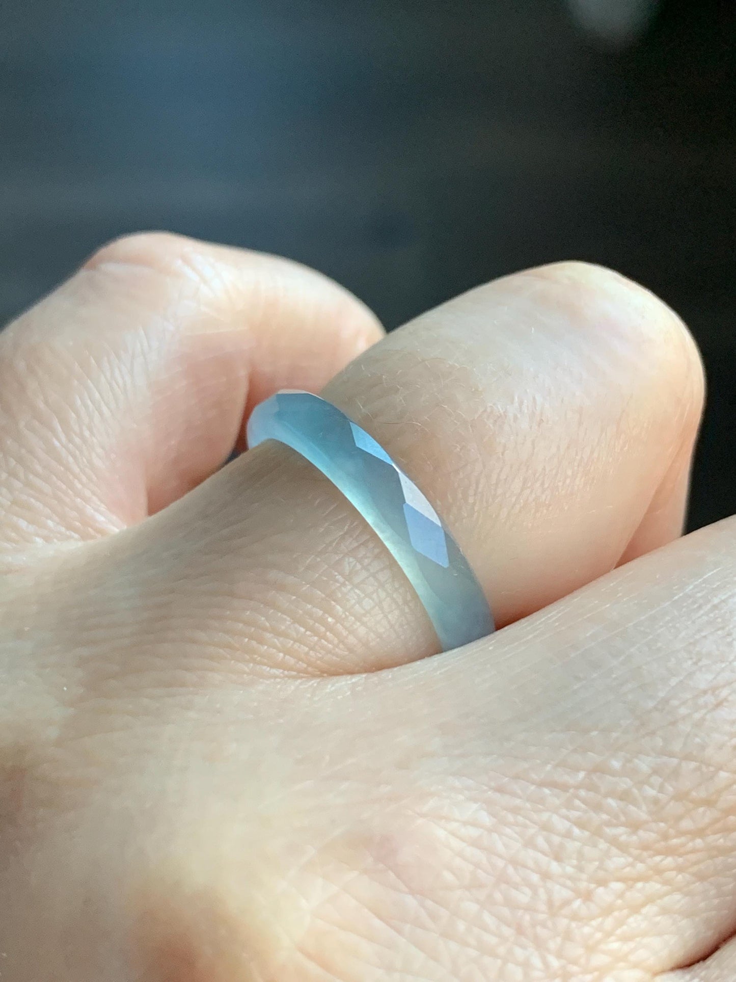 Natural Guatemalan Icy Highly Translucent Gelatinous Pale Blue Jadeite Diamond Faceted Slim Band Ring Size 7.75 US 天然冰危浅蓝起光翡翠切割面戒圈 ZQB8
