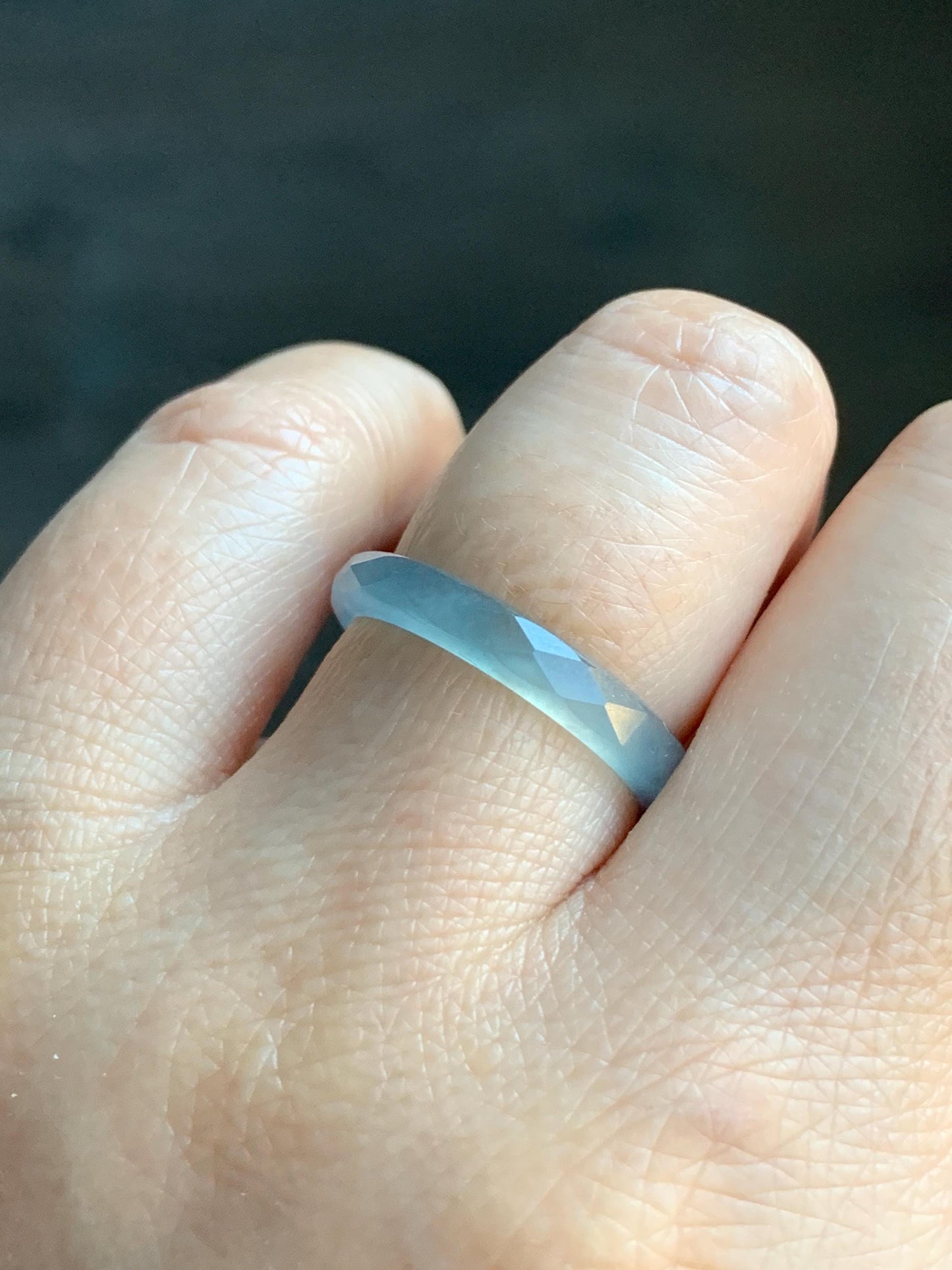 Natural Guatemalan Icy Highly Translucent Gelatinous Pale Blue Jadeite Diamond Faceted Slim Band Ring Size 7.75 US 天然冰危浅蓝起光翡翠切割面戒圈 ZQB8