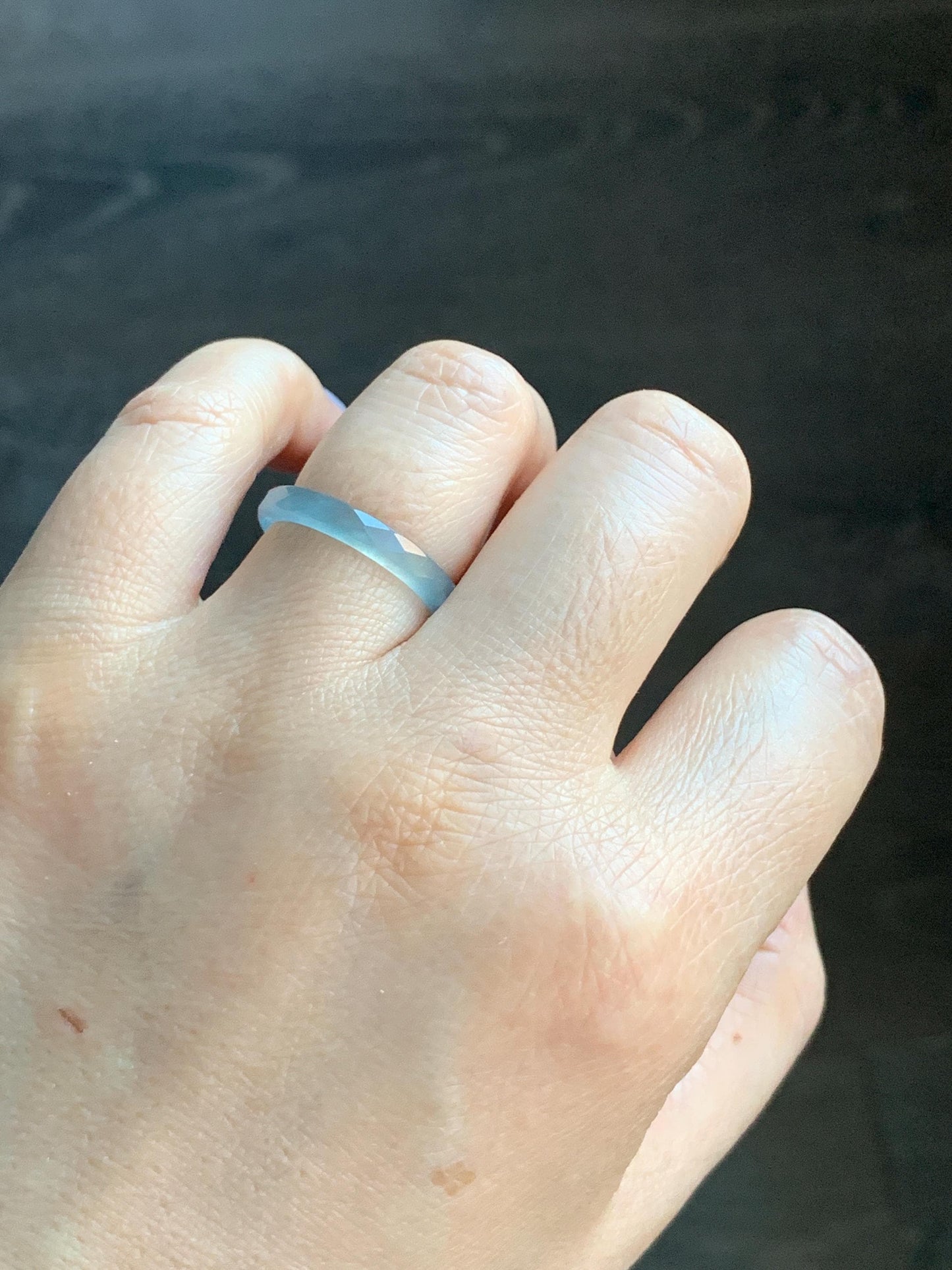 Natural Guatemalan Icy Highly Translucent Gelatinous Pale Blue Jadeite Diamond Faceted Slim Band Ring Size 7.75 US 天然冰危浅蓝起光翡翠切割面戒圈 ZQB8