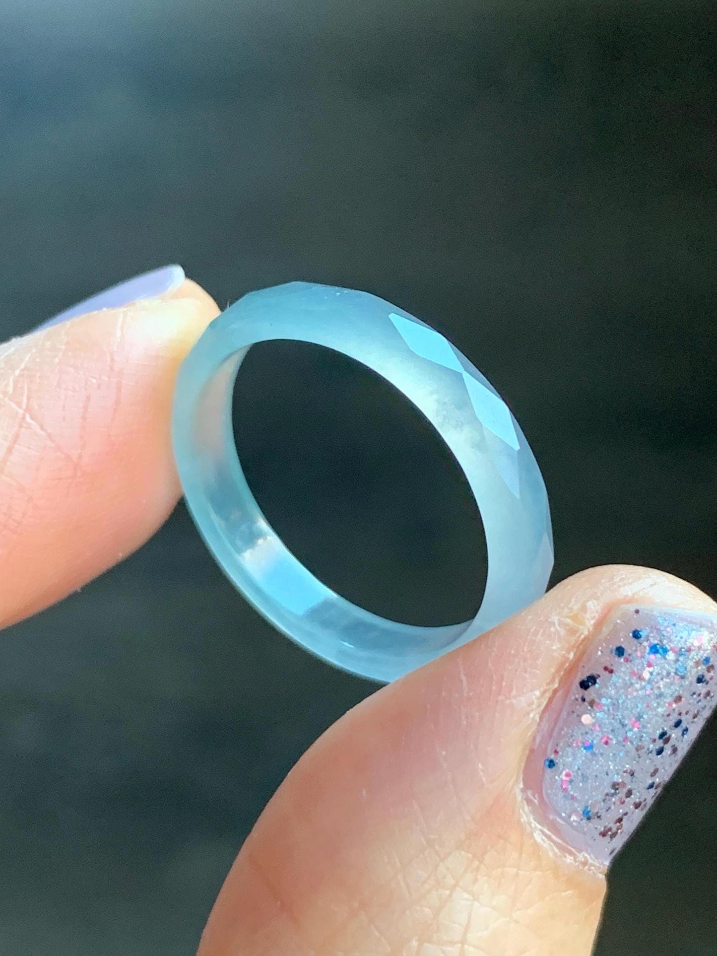 Natural Guatemalan Icy Highly Translucent Gelatinous Pale Blue Jadeite Diamond Faceted Slim Band Ring Size 7.75 US 天然冰危浅蓝起光翡翠切割面戒圈 ZQB8