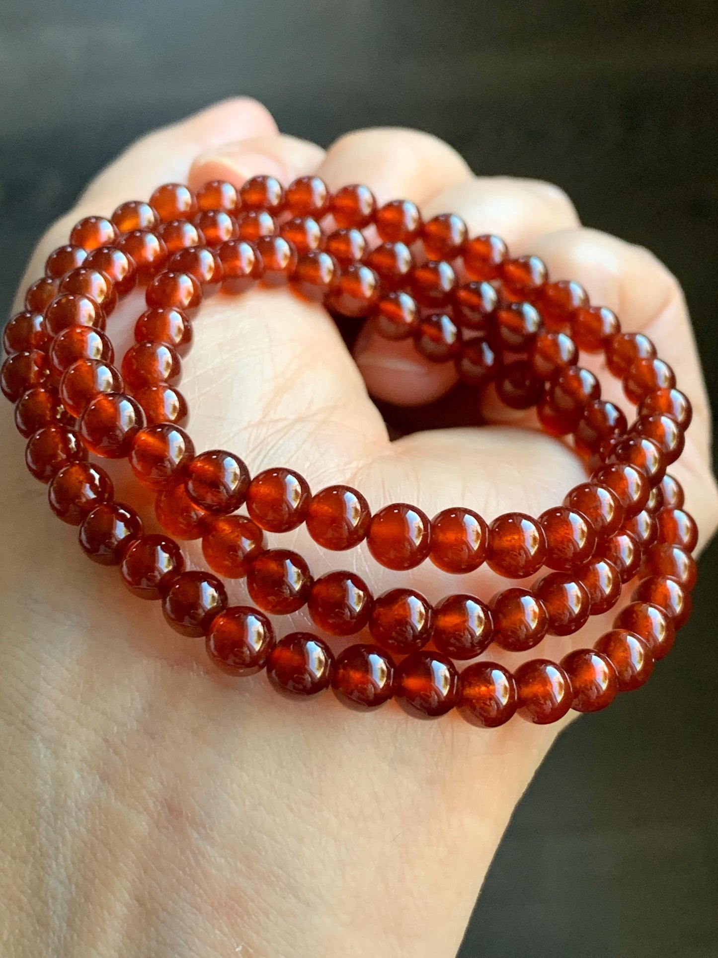 Natural Icy Highly Translucent Intense Persimmon Color Hessonite Garnet Beads Triple Layered Beaded Bracelets 5.8mm 36g 天然冰透起光柿子色石榴石手串