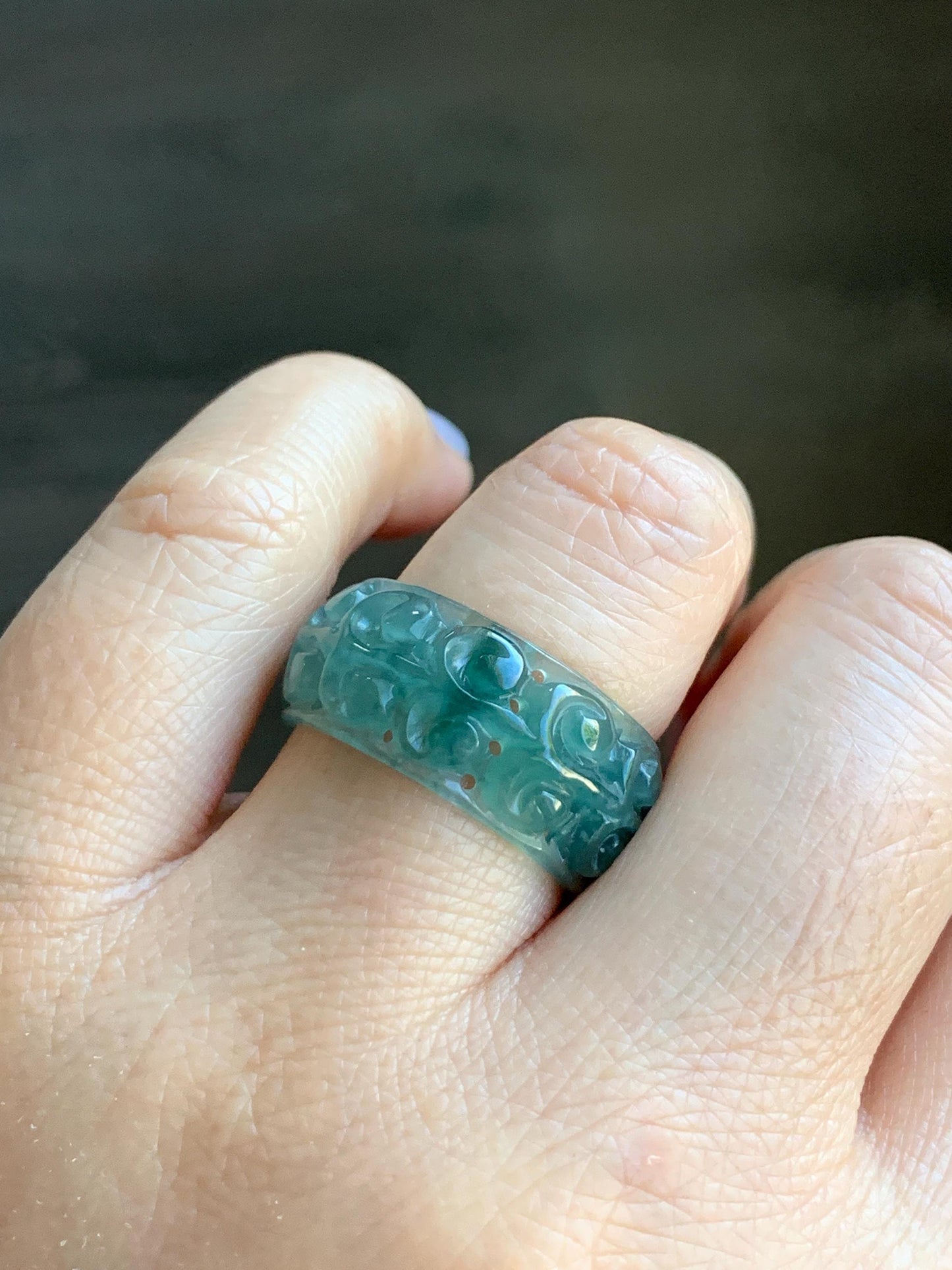 Natural Guatemalan Icy Translucent Teal Blue & Dark Green Marbled Jadeite Openwork Engraved Band Ring Size 9 US 天然冰胶危蓝绿飘花翡翠镂空雕戒圈 LKD-A