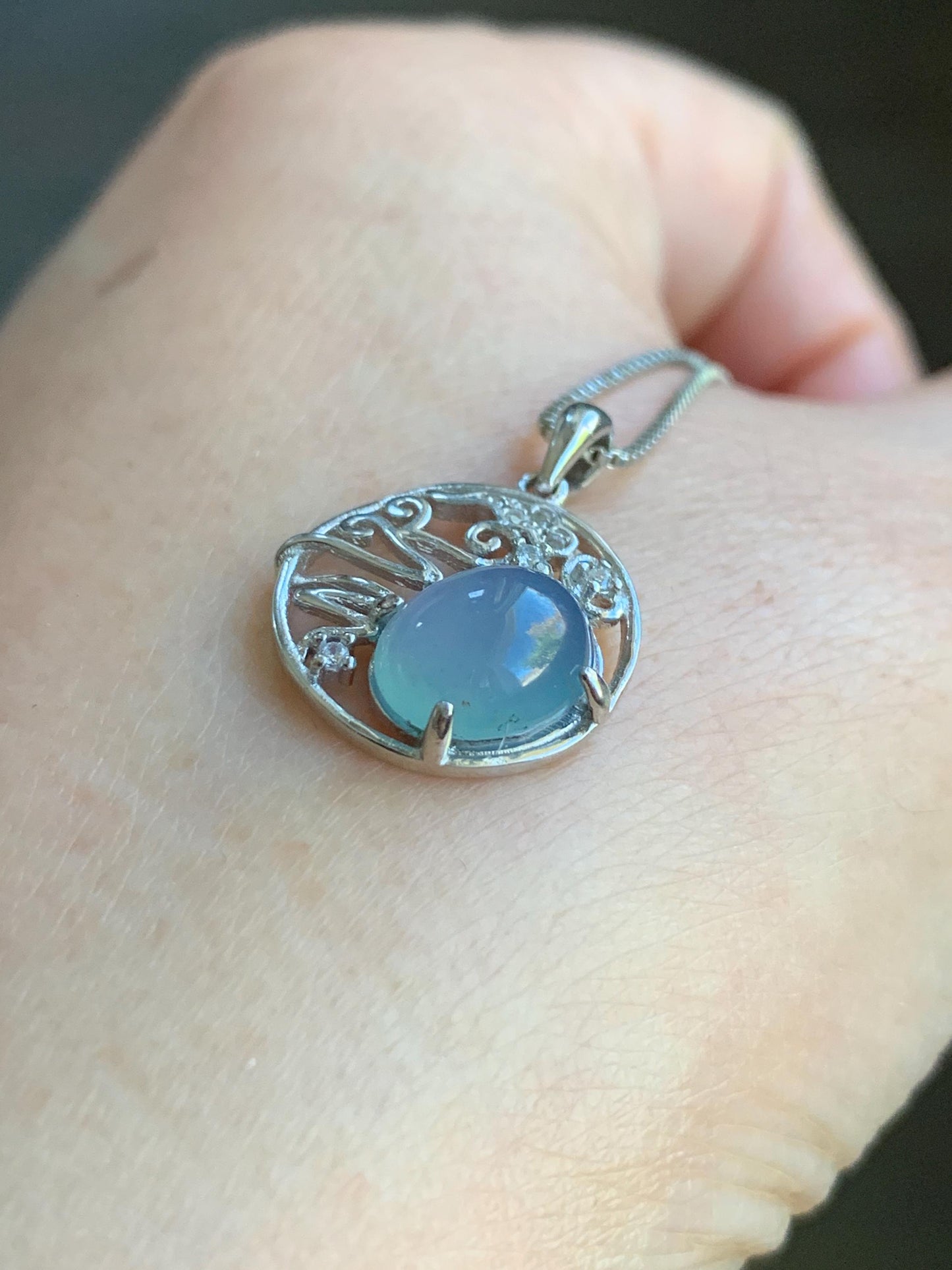 Natural Guatemalan Icy Translucent Light Blue Jadeite Circle Pendant S925 Sterling Silver 天然冰危蓝翡翠银镶吊坠