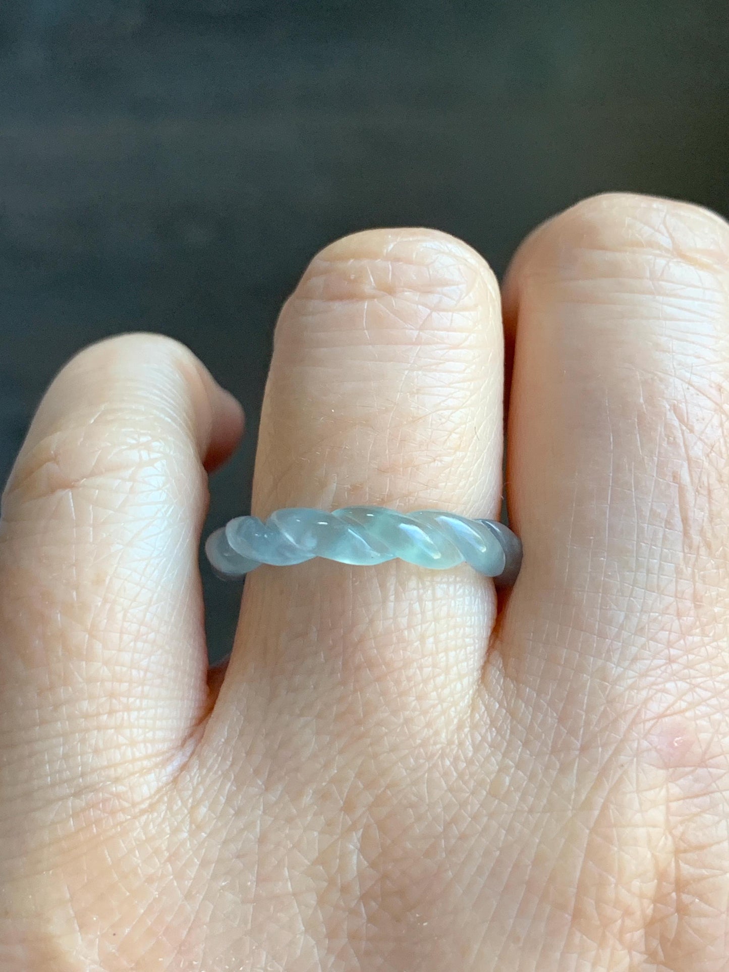 Natural Guatemalan Icy Highly Translucent Gelatinous Light Blue Jadeite Carved Braid Band Ring Size 6.75 US 2g 天然高冰危浅蓝起光翡翠麻花戒圈 MHJ675