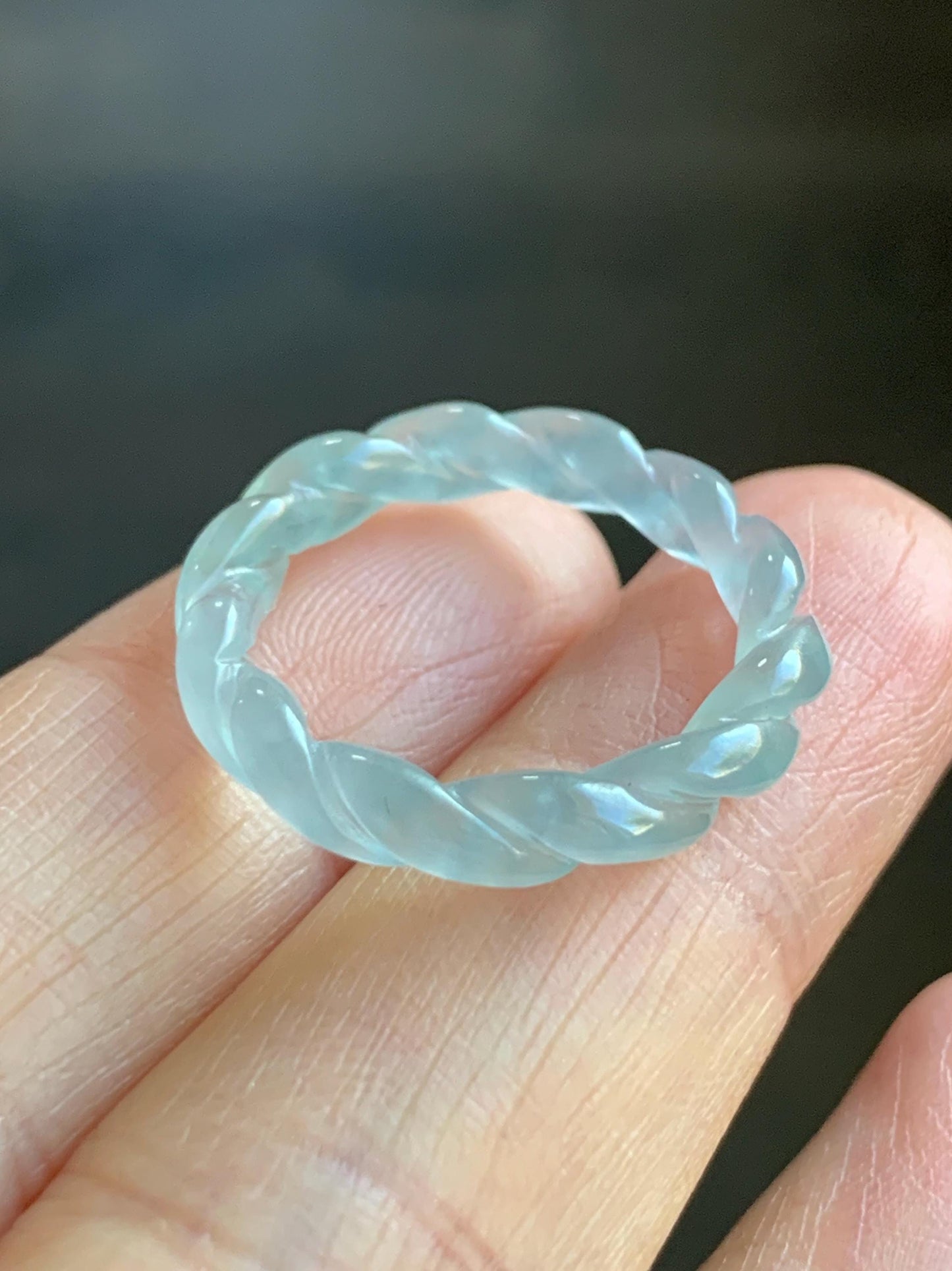Natural Guatemalan Icy Highly Translucent Gelatinous Light Blue Jadeite Carved Braid Band Ring Size 6.75 US 2g 天然高冰危浅蓝起光翡翠麻花戒圈 MHJ675