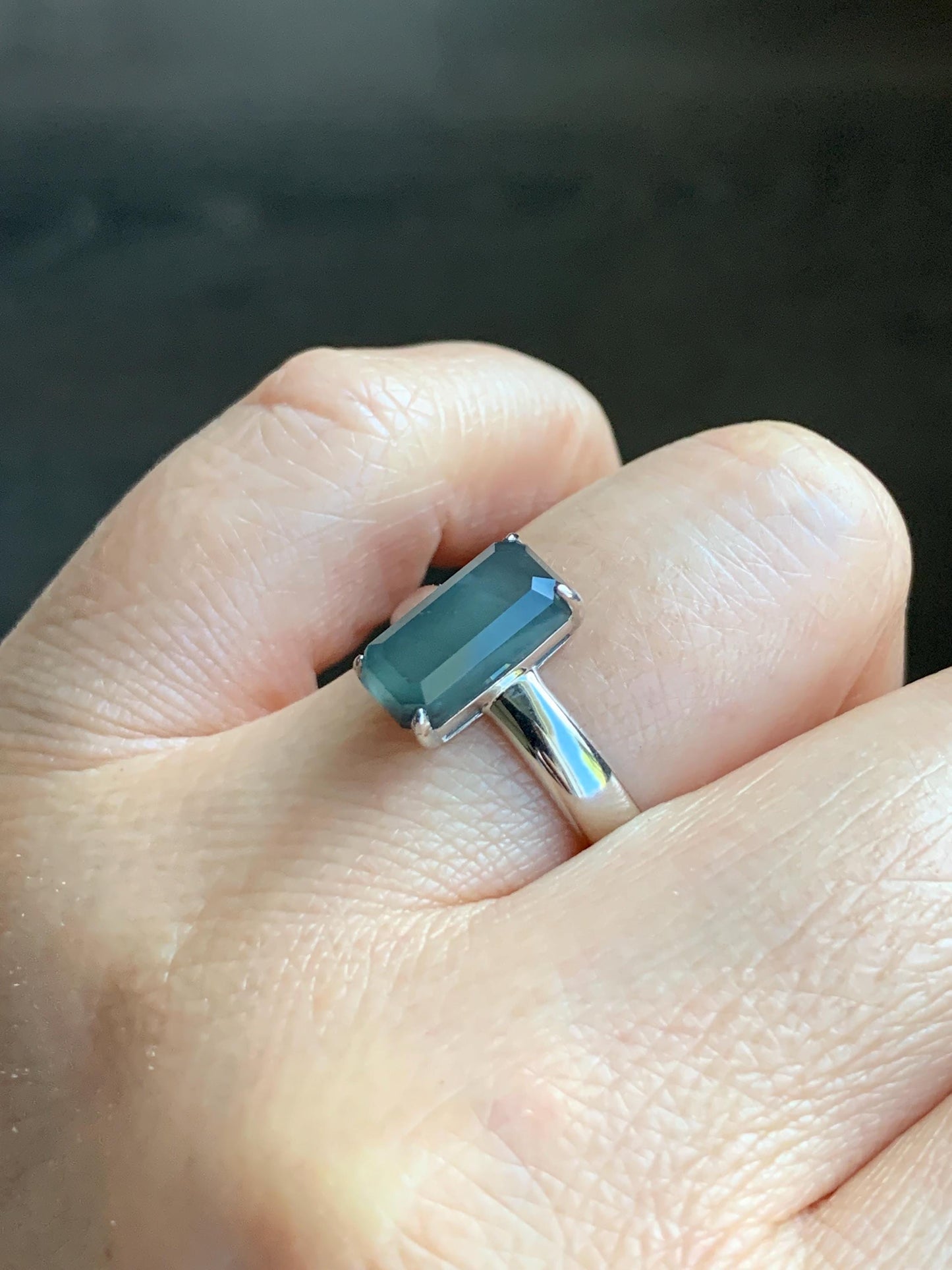 Certified Natural Guatemalan Garde A Icy Translucent Teal Blue Emerald Cut Jadeite Ring Sterling Silver Size 7.25 US 天然冰危蓝绿宝石切割面翡翠银镶戒指 7391