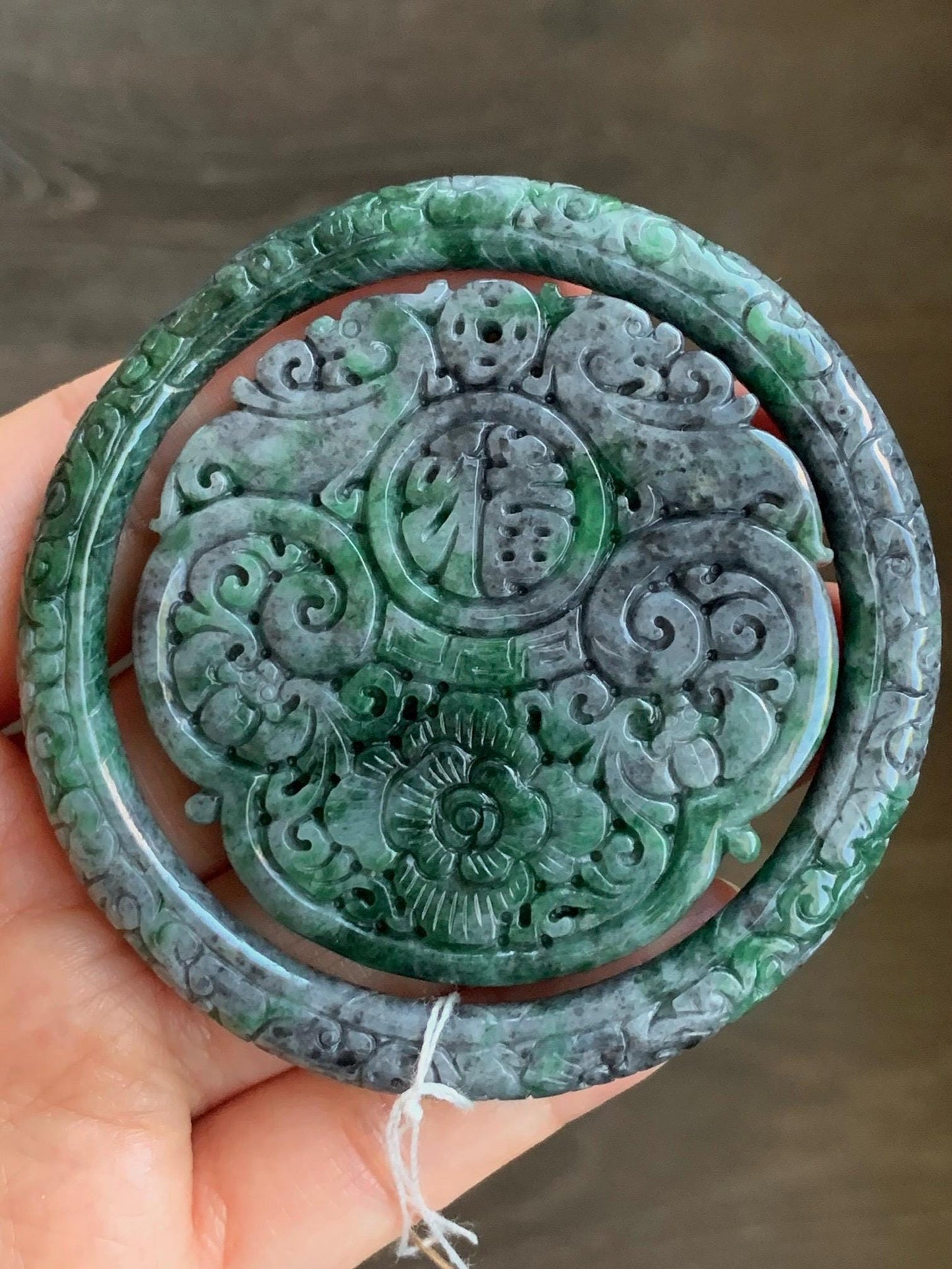 Certified Natural Burmese Translucent Wuji & Green Marbled Jadeite Engraved Bangle Pendant Set 56.7mm 天然缅甸乌鸡飘绿花翡翠雕花手镯镯心吊坠