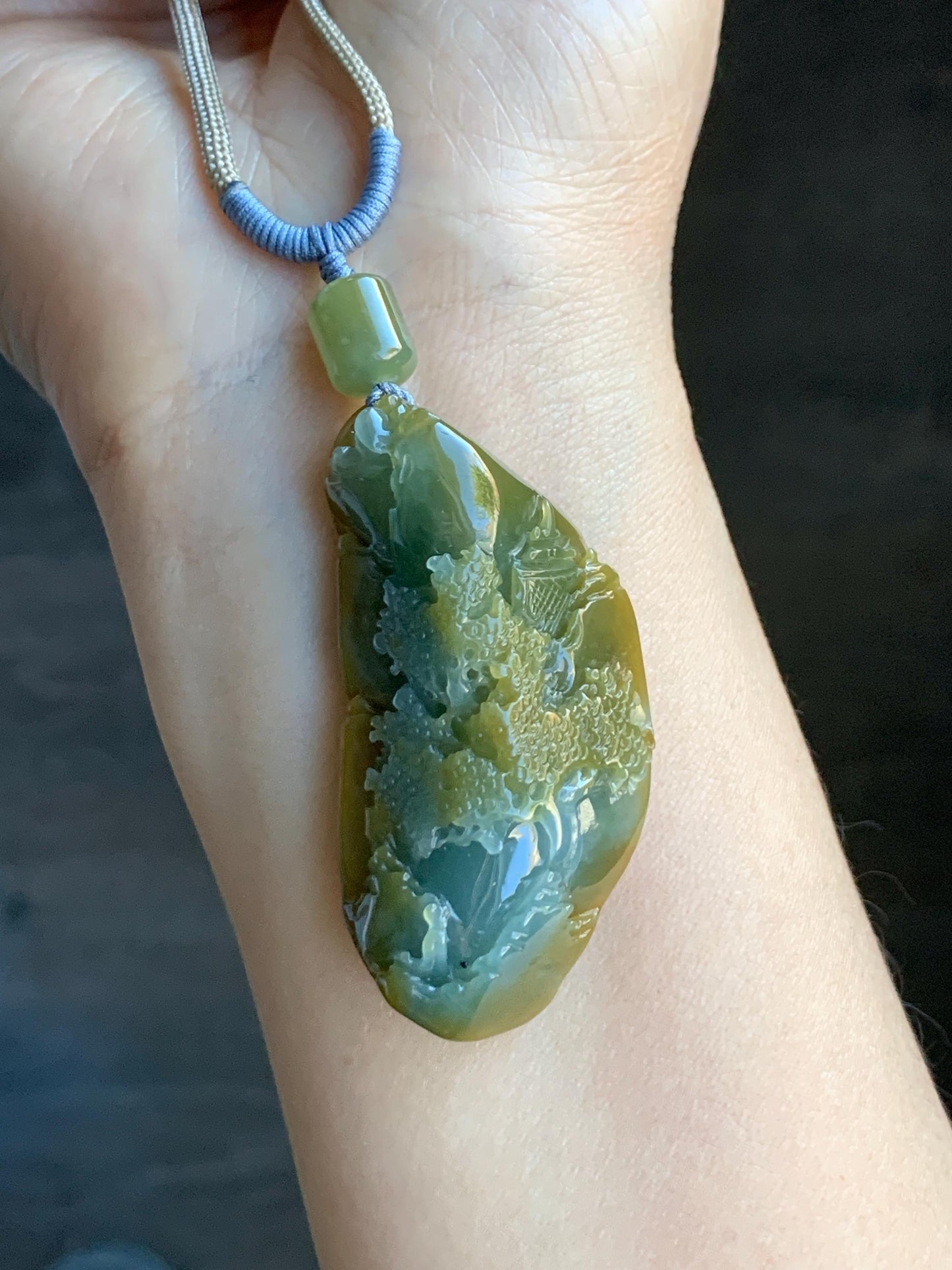 Natural Grade A Icy Translucent Blue & Yellow Bicolored Jadeite Carved Shan Shui Landscape Pendant Rope Necklace 28" 天然冰危蓝加黄翡翠精工雕吊坠