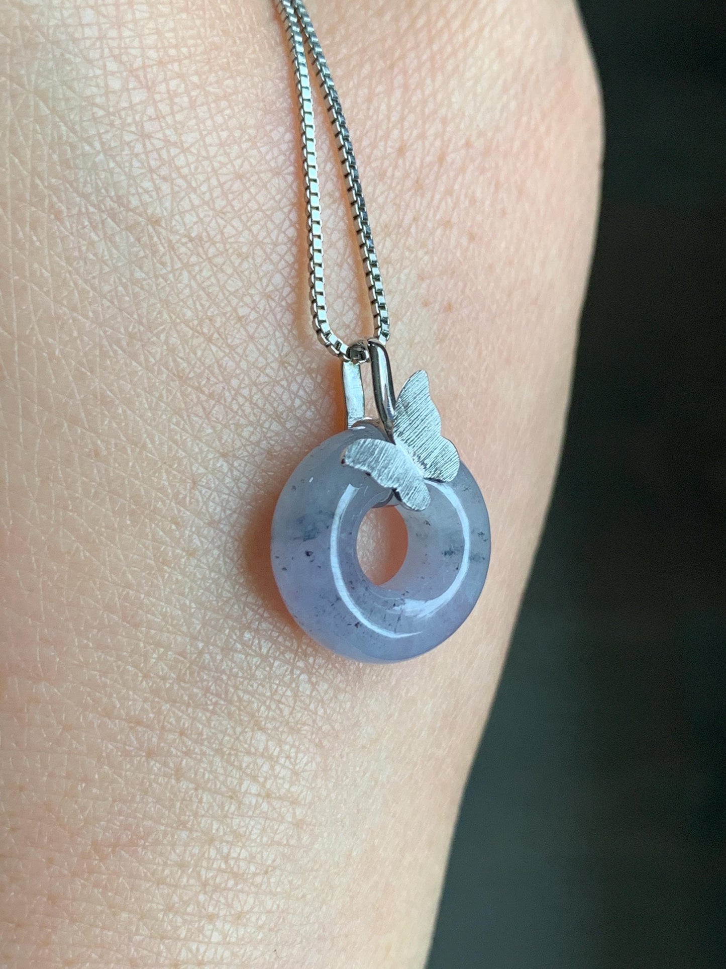 Certified Natural Burmese Icy Translucent Gelatinous Wuji Jadeite Ping An Kou Donut Butterfly Pendant 18K White Gold 天然缅甸冰胶紫乌鸡翡平安扣蝴蝶镶嵌吊坠