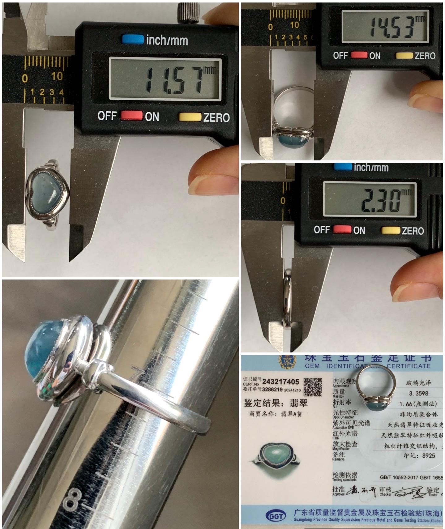 Certified Natural Guatemalan Icy Highly Translucent Blue Jadeite Heart Ring Sterling Silver size 7 3.35g 天然冰胶危蓝翡翠爱心镶嵌戒指 7405