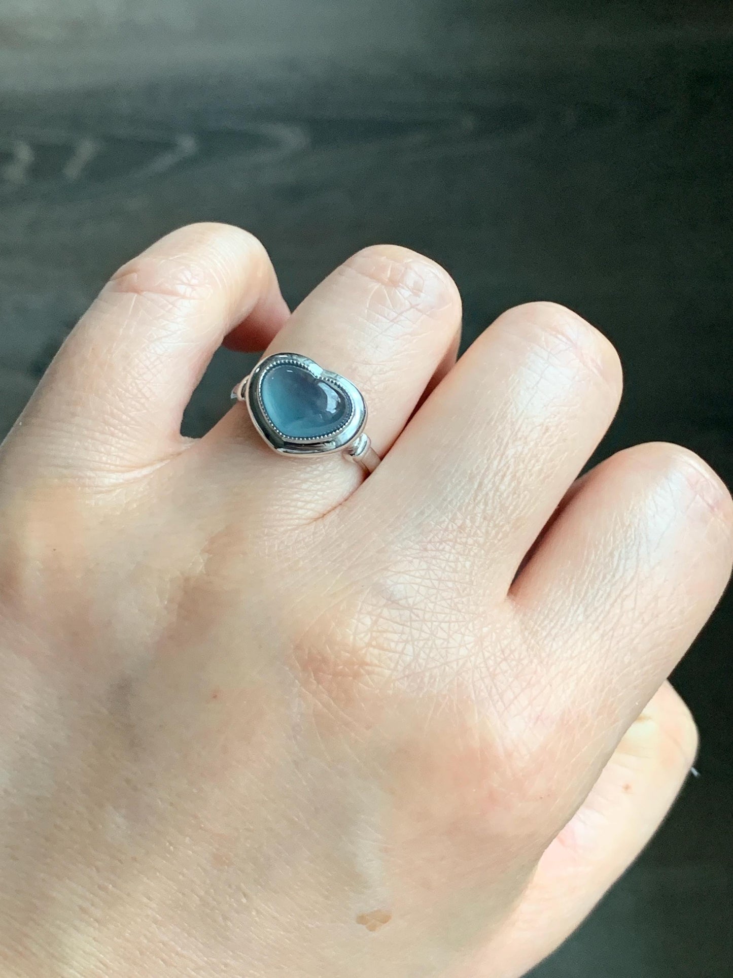 Certified Natural Guatemalan Icy Highly Translucent Blue Jadeite Heart Ring Sterling Silver size 7 3.35g 天然冰胶危蓝翡翠爱心镶嵌戒指 7405