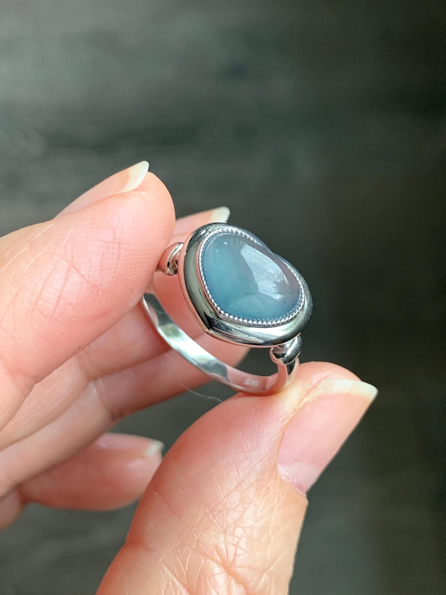 Certified Natural Guatemalan Icy Highly Translucent Blue Jadeite Heart Ring Sterling Silver size 7 3.35g 天然冰胶危蓝翡翠爱心镶嵌戒指 7405