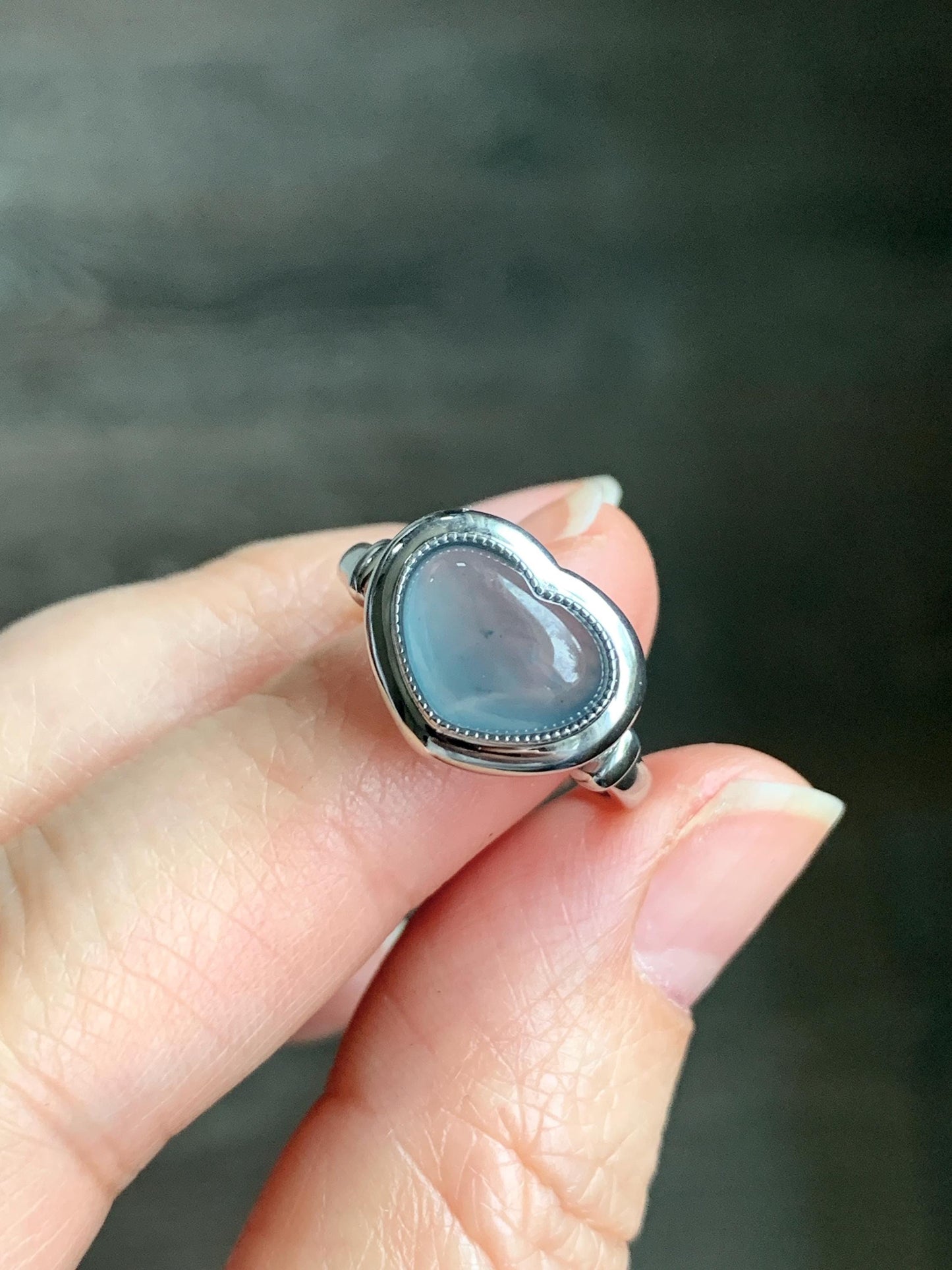 Certified Natural Guatemalan Icy Highly Translucent Blue Jadeite Heart Ring Sterling Silver size 7 3.35g 天然冰胶危蓝翡翠爱心镶嵌戒指 7405