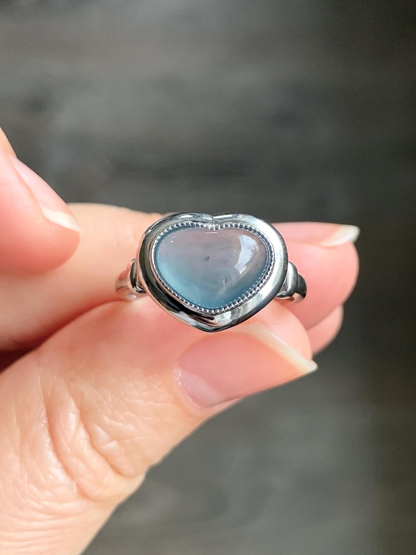Certified Natural Guatemalan Icy Highly Translucent Blue Jadeite Heart Ring Sterling Silver size 7 3.35g 天然冰胶危蓝翡翠爱心镶嵌戒指 7405