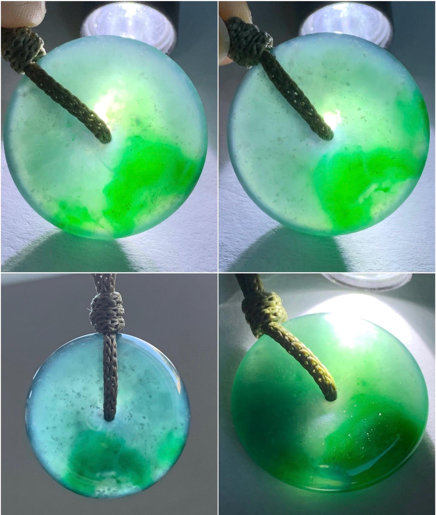 Certified Natural Icy Highly Translucent Premium Dark Teal Blue & Green Marbled Jadeite Ping An Kou Donut Pendant Rope Necklace 28” 7838