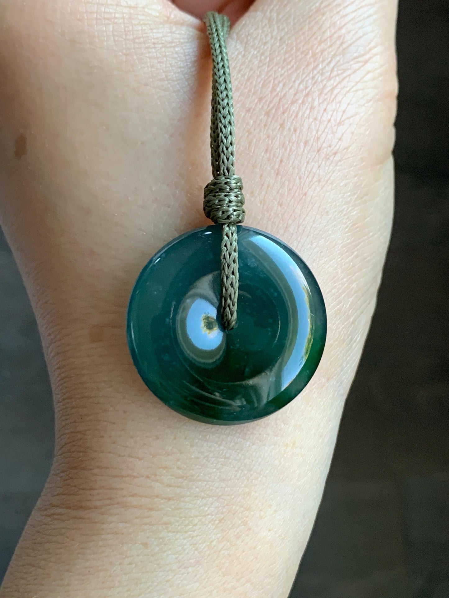 Certified Natural Icy Highly Translucent Premium Dark Teal Blue & Green Marbled Jadeite Ping An Kou Donut Pendant Rope Necklace 28” 7838