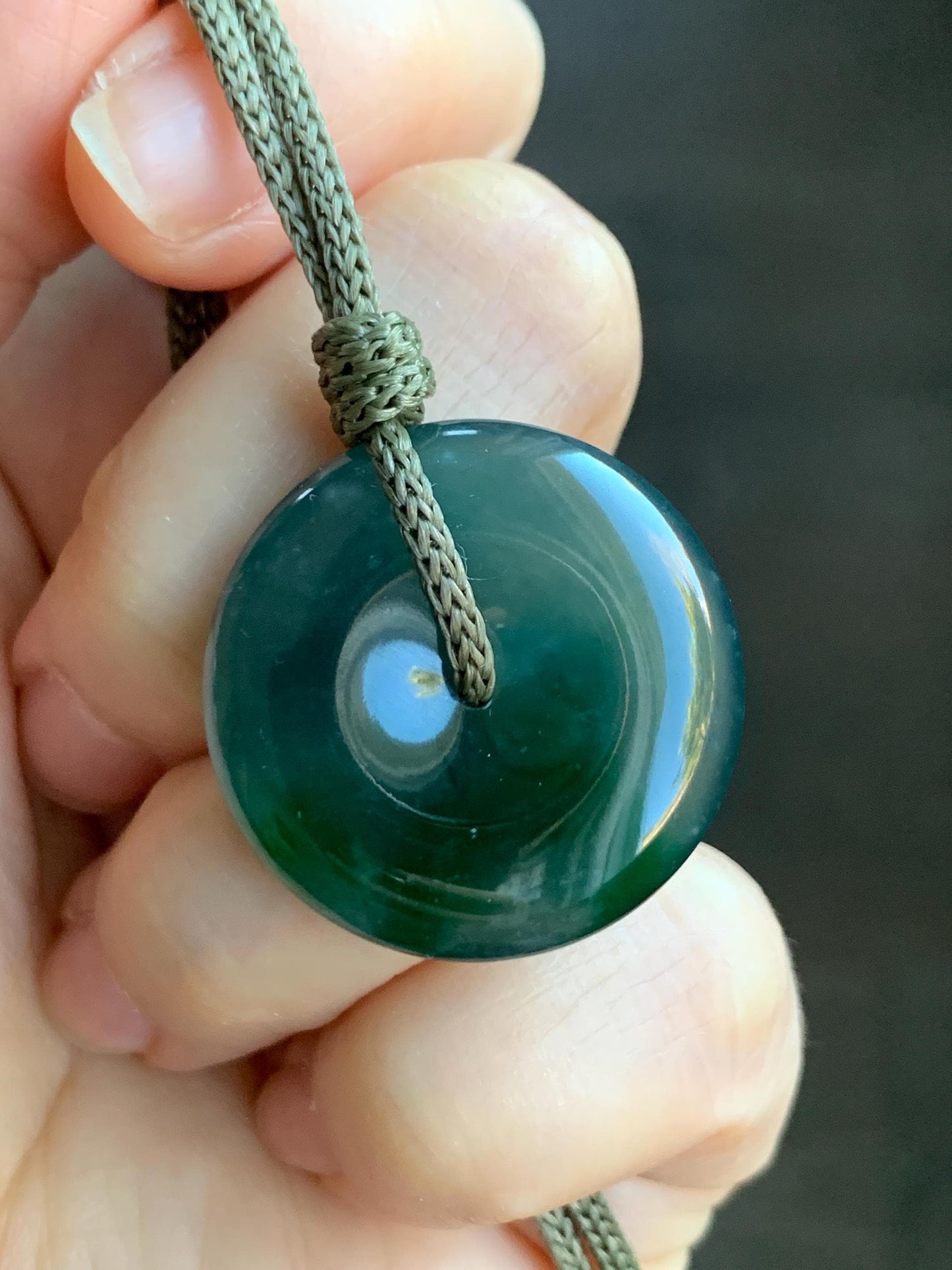 Certified Natural Icy Highly Translucent Premium Dark Teal Blue & Green Marbled Jadeite Ping An Kou Donut Pendant Rope Necklace 28” 7838