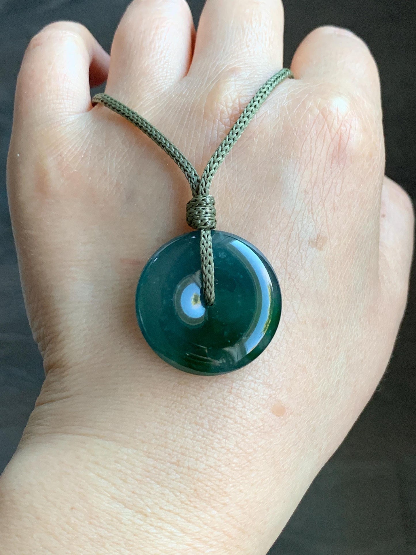 Certified Natural Icy Highly Translucent Premium Dark Teal Blue & Green Marbled Jadeite Ping An Kou Donut Pendant Rope Necklace 28” 7838