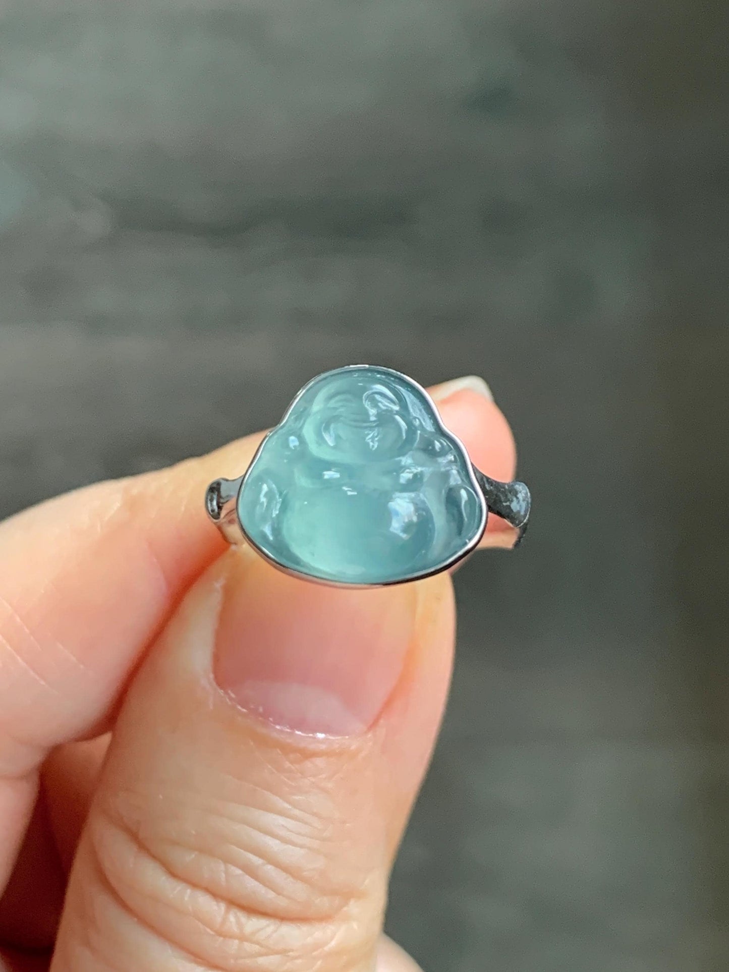 Certified Natural Guatemalan Icy Highly Translucent Light Teal Blue Jadeite Buddha Bamboo Ring Sterling Silver Sz 7.25 天然冰危蓝起光翡翠佛公竹节款戒指 7402