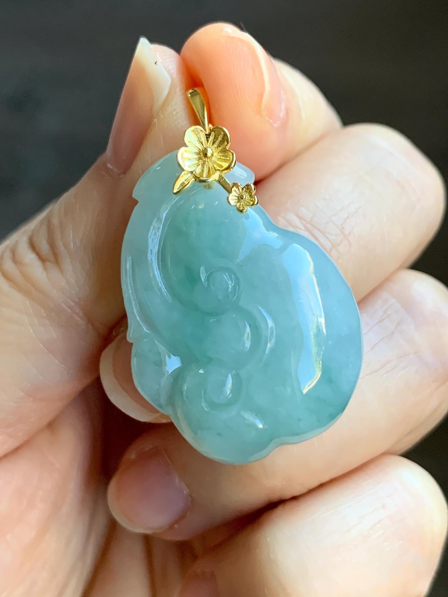 Natural Grade A Icy Translucent Gelatinous Light Greenish Blue Jadeite Pudgy Ruyi Pendant Sterling Silver Yellow Gold Finish 天然冰胶老种晴蓝底翡翠如意吊坠