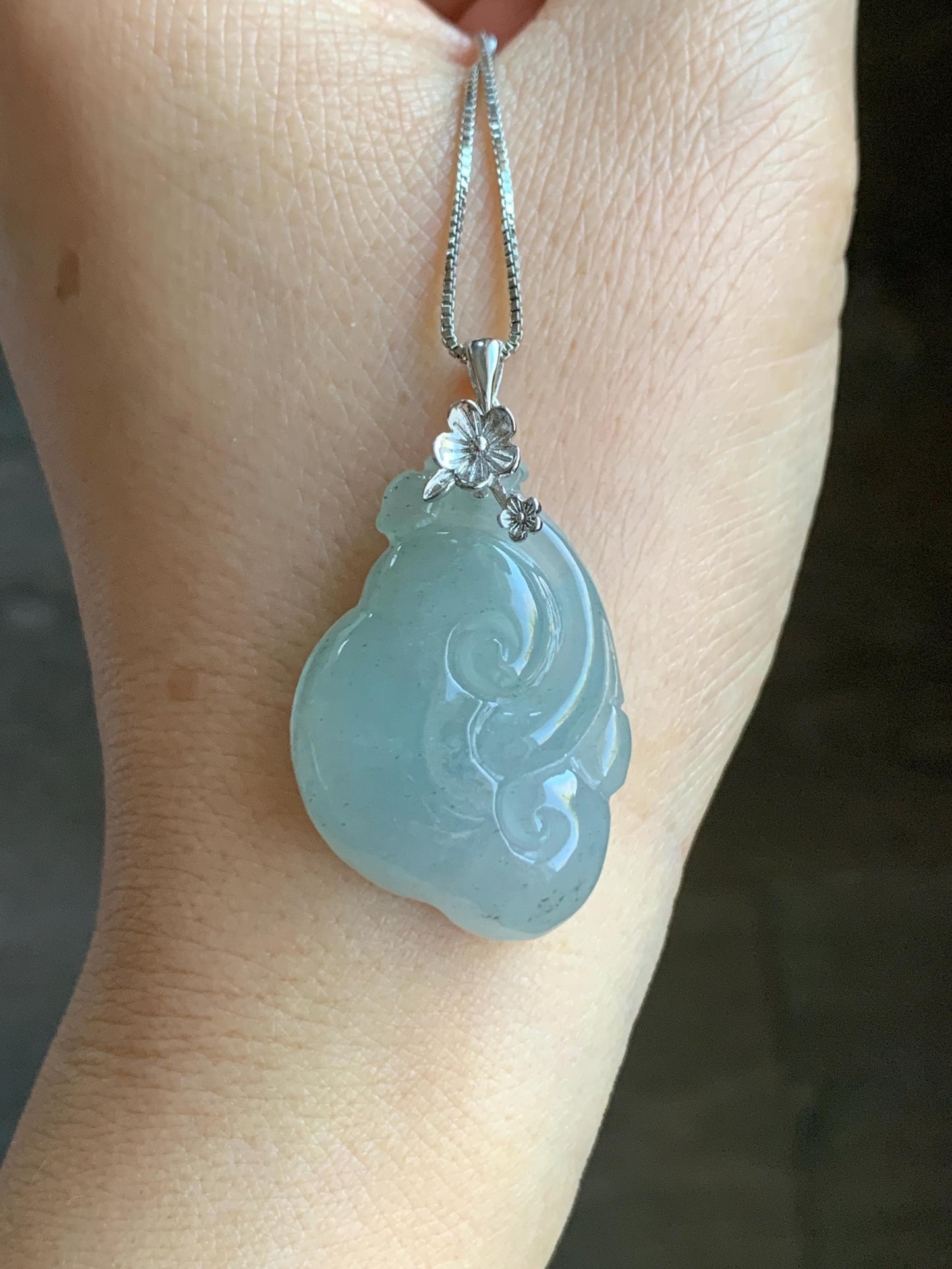 Natural Grade A Icy Highly Translucent Gelatinous Light Dusty Blue Jadeite Pudgy Ruyi Pendant Sterling Silver 9g 天然冰胶老种淡蓝底飘乌鸡翡翠如意吊坠
