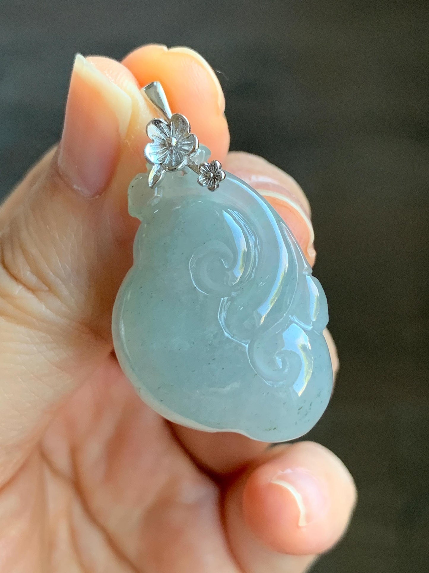 Natural Grade A Icy Highly Translucent Gelatinous Light Dusty Blue Jadeite Pudgy Ruyi Pendant Sterling Silver 9g 天然冰胶老种淡蓝底飘乌鸡翡翠如意吊坠