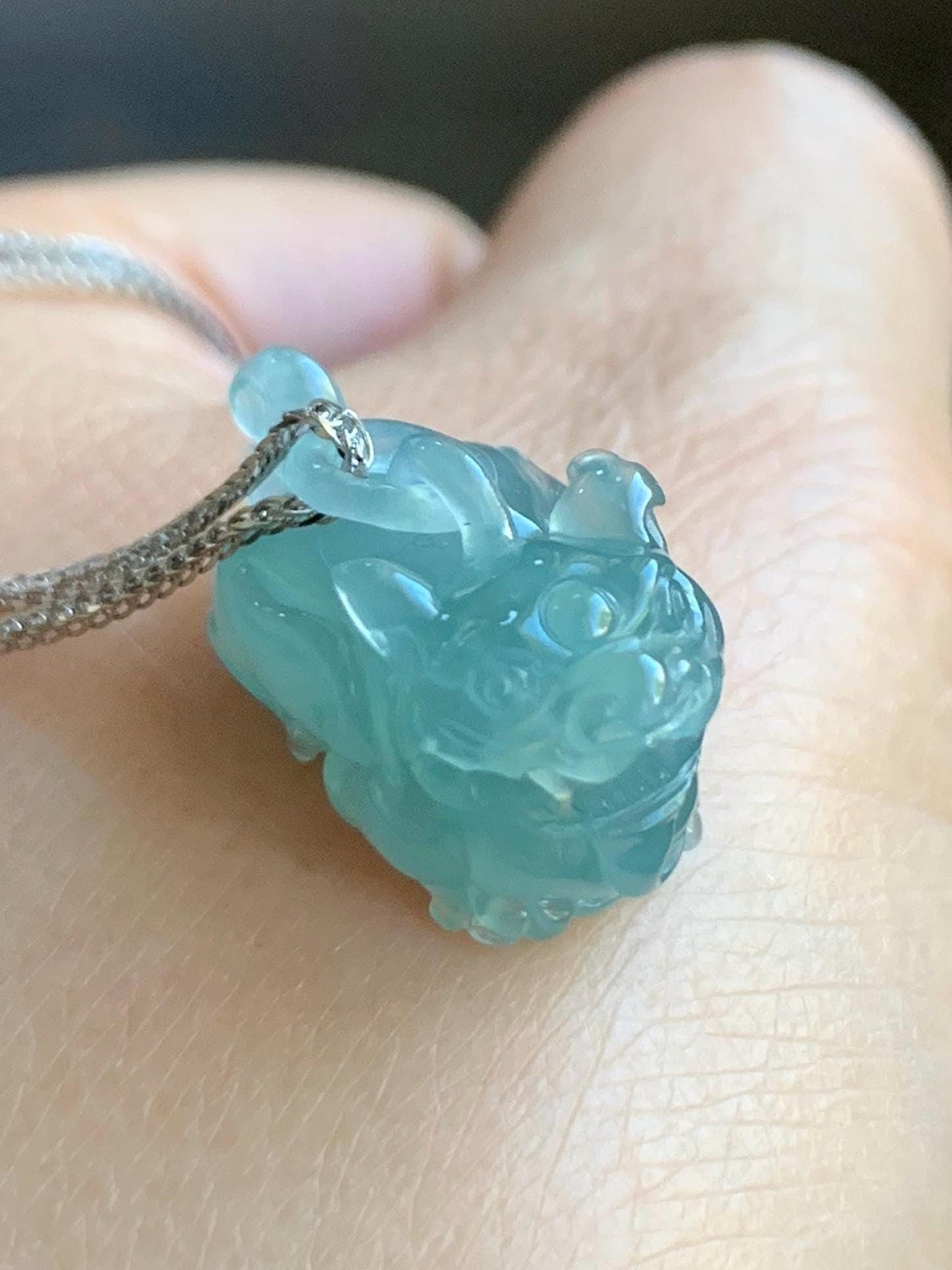 Certified Natural Icy Highly Translucent Gelatinous Teal Blue Jadeite Pixiu with Bail Pendant Sterling Silver Chain 天然老种冰危蓝翡翠含珠貔貅吊坠套链 7795