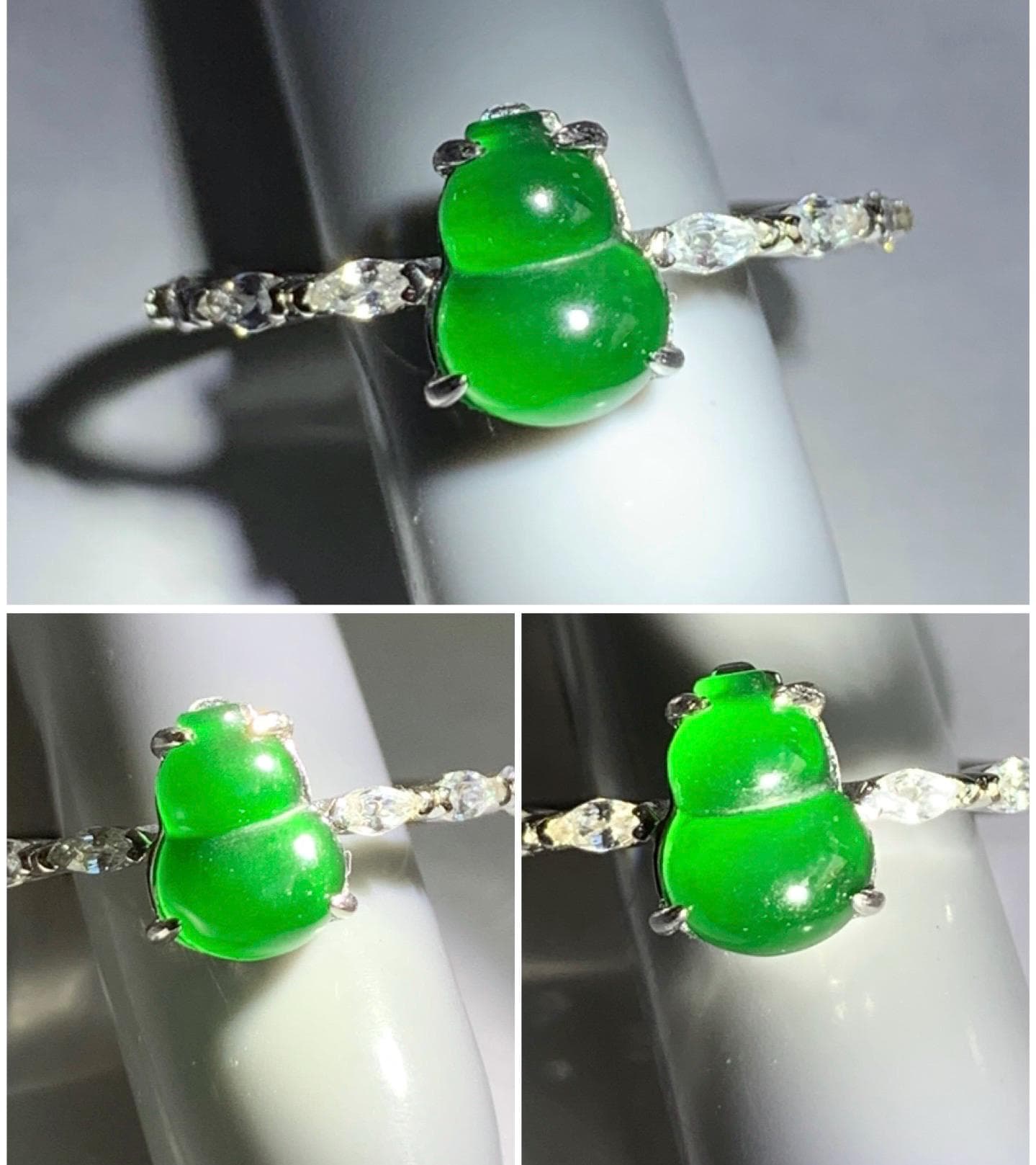 Natural Grade A Icy Translucent Green Jadeite Gourd Hulu Solitaire Ring Sterling Silver Size Adjustable 天然冰危绿翡翠葫芦蛋面银镶戒指 HL50