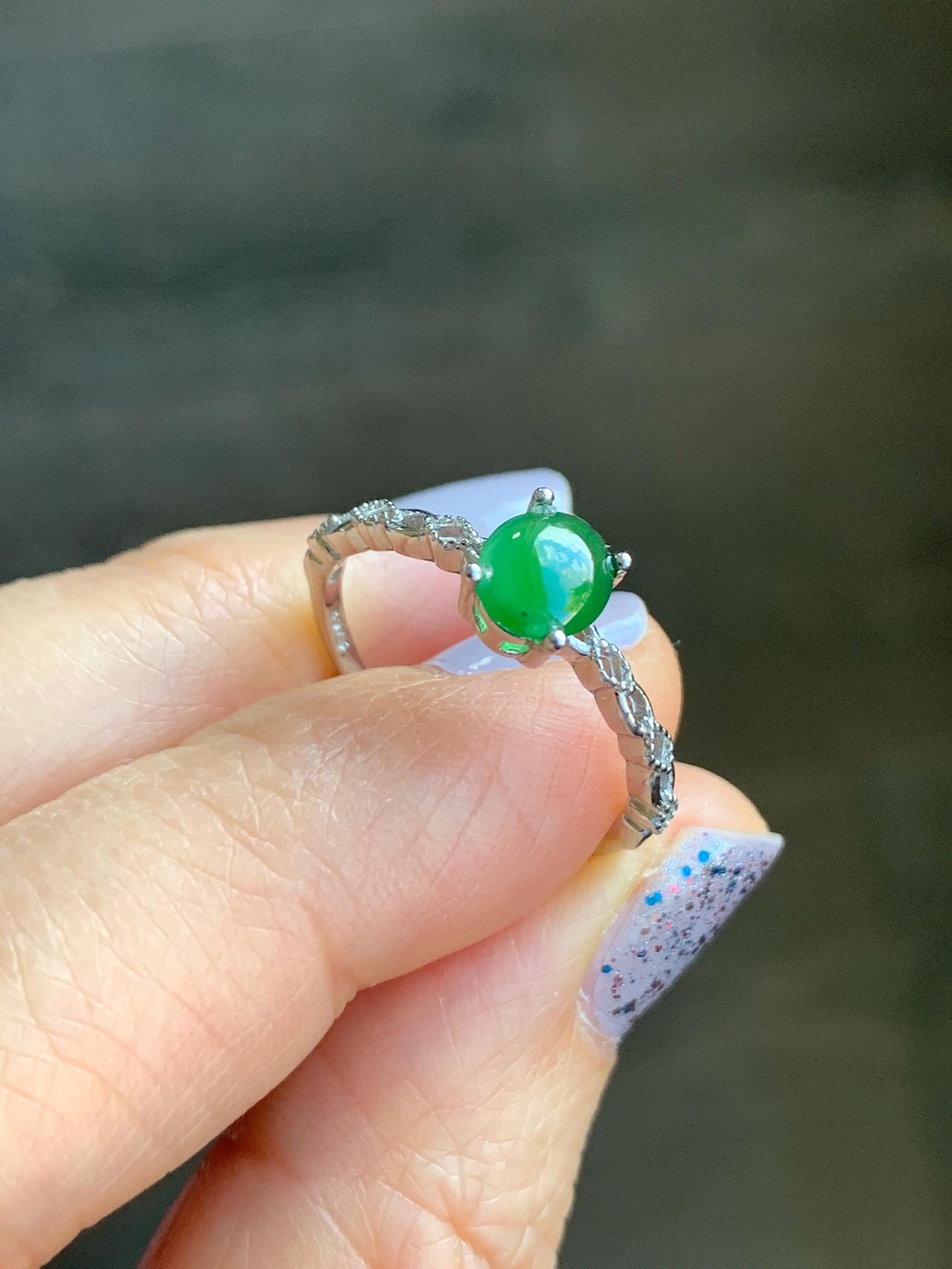 Natural Grade A Icy Highly Translucent Green Jadeite Oval Cabochon Solitaire Ring Sterling Silver Size Adjustable 天然冰危绿翡翠蛋面银镶戒指 YDQ98