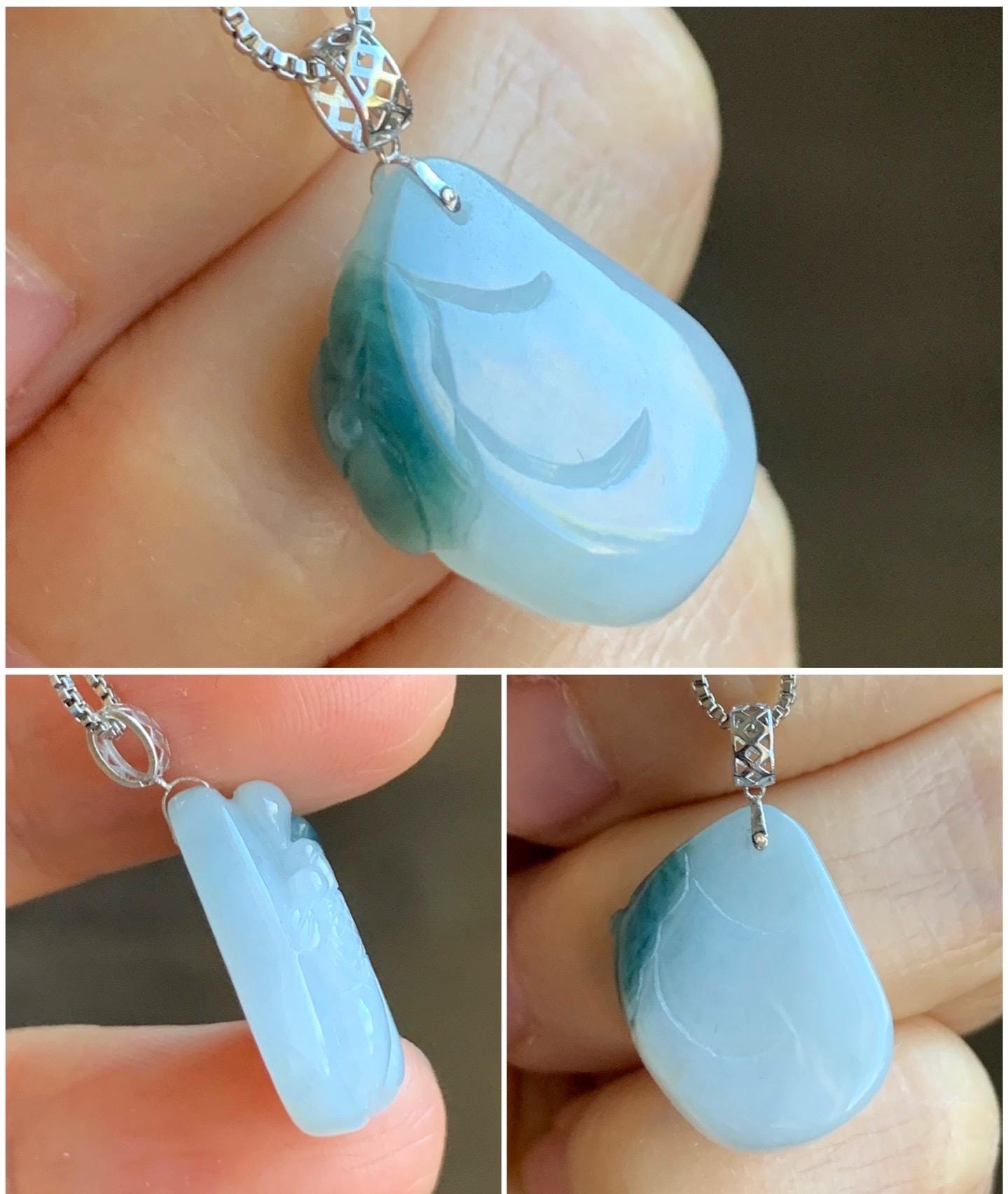 Natural Grade A Icy Translucent White & Dark Teal Blue Marbled Jadeite Carved Goldfish Lily Pad Pendant 18K White Gold 3g 天然冰飘蓝花翡翠金鱼满堂镶嵌吊坠
