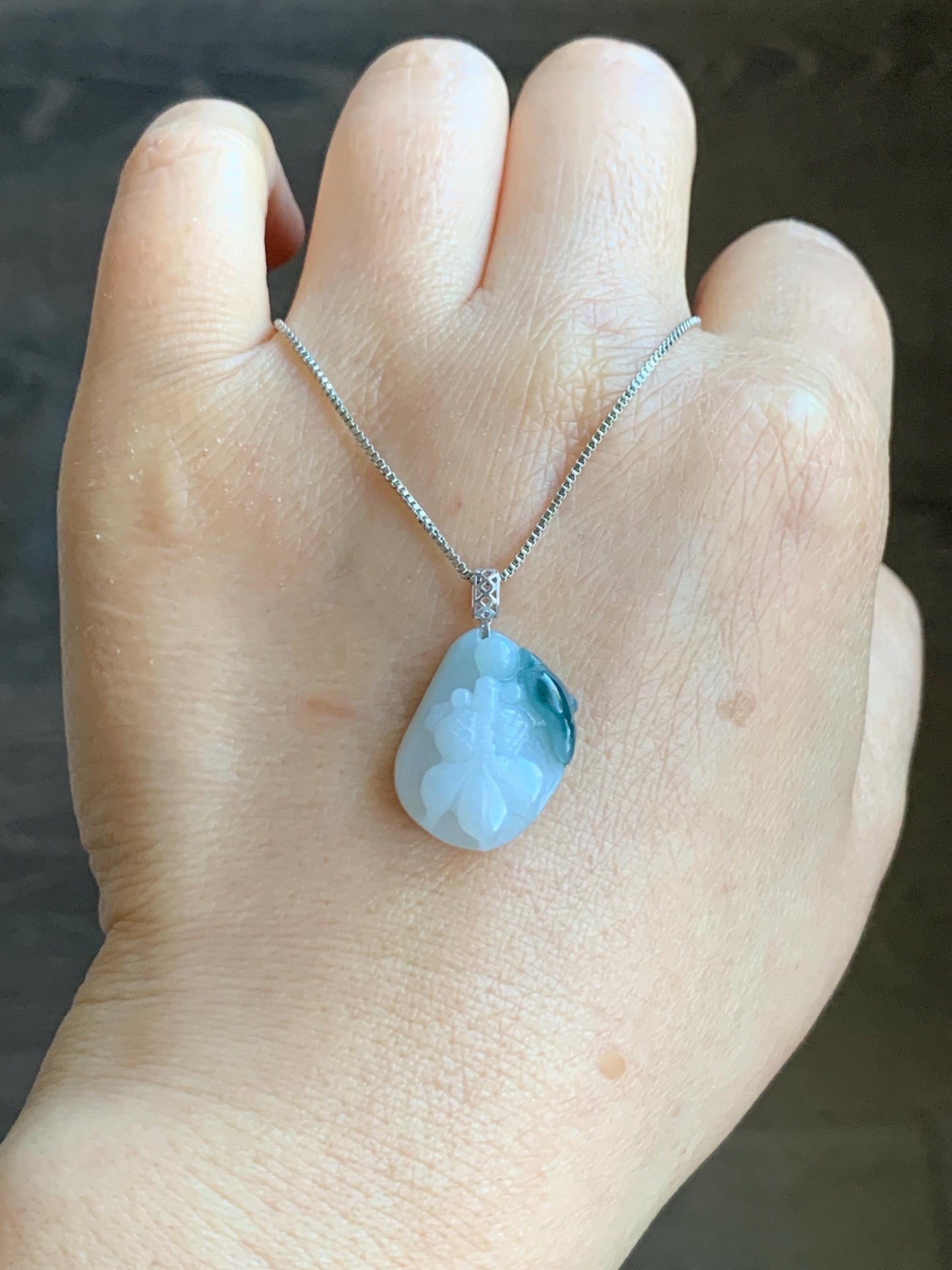 Natural Grade A Icy Translucent White & Dark Teal Blue Marbled Jadeite Carved Goldfish Lily Pad Pendant 18K White Gold 3g 天然冰飘蓝花翡翠金鱼满堂镶嵌吊坠