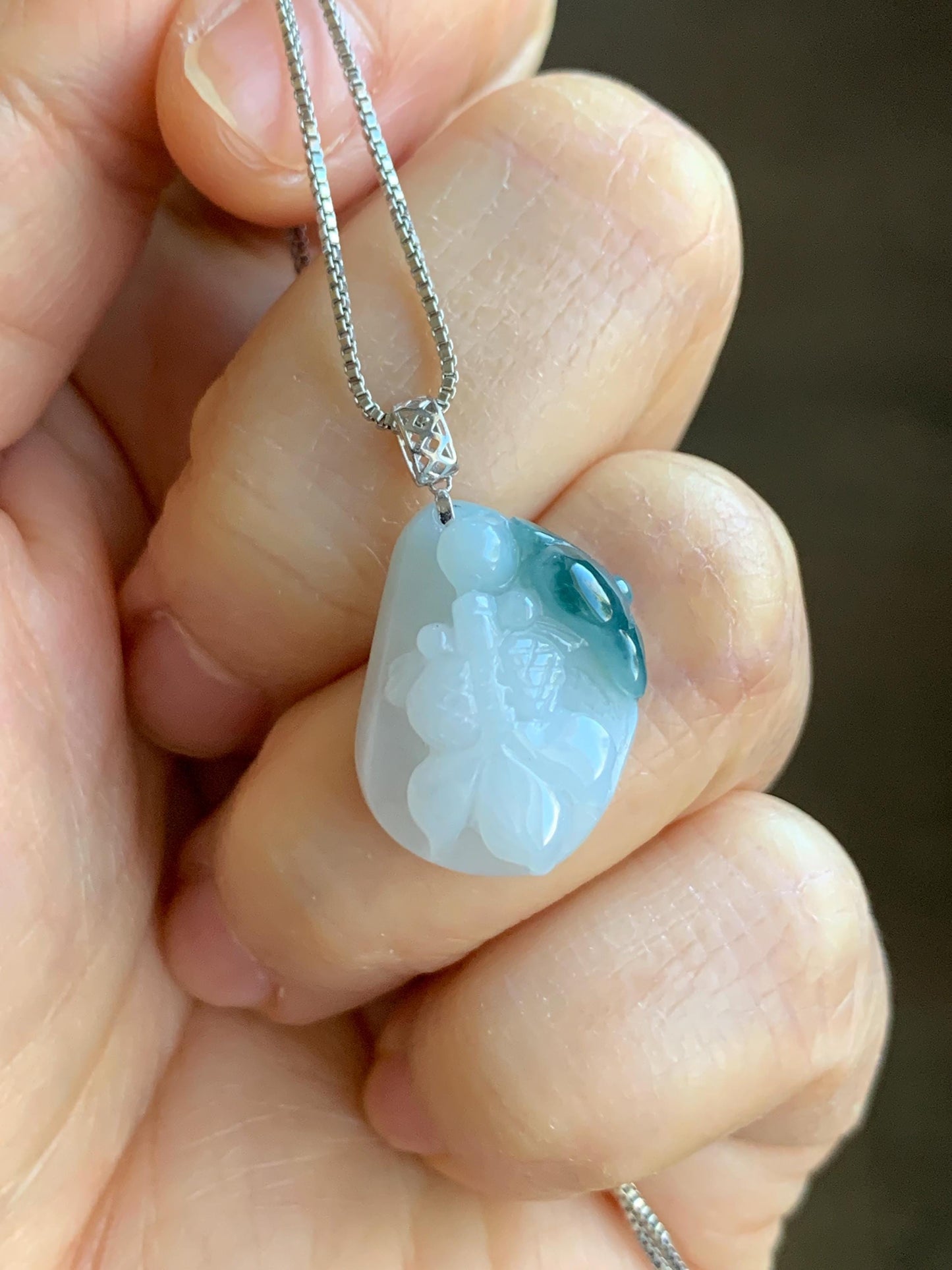 Natural Grade A Icy Translucent White & Dark Teal Blue Marbled Jadeite Carved Goldfish Lily Pad Pendant 18K White Gold 3g 天然冰飘蓝花翡翠金鱼满堂镶嵌吊坠