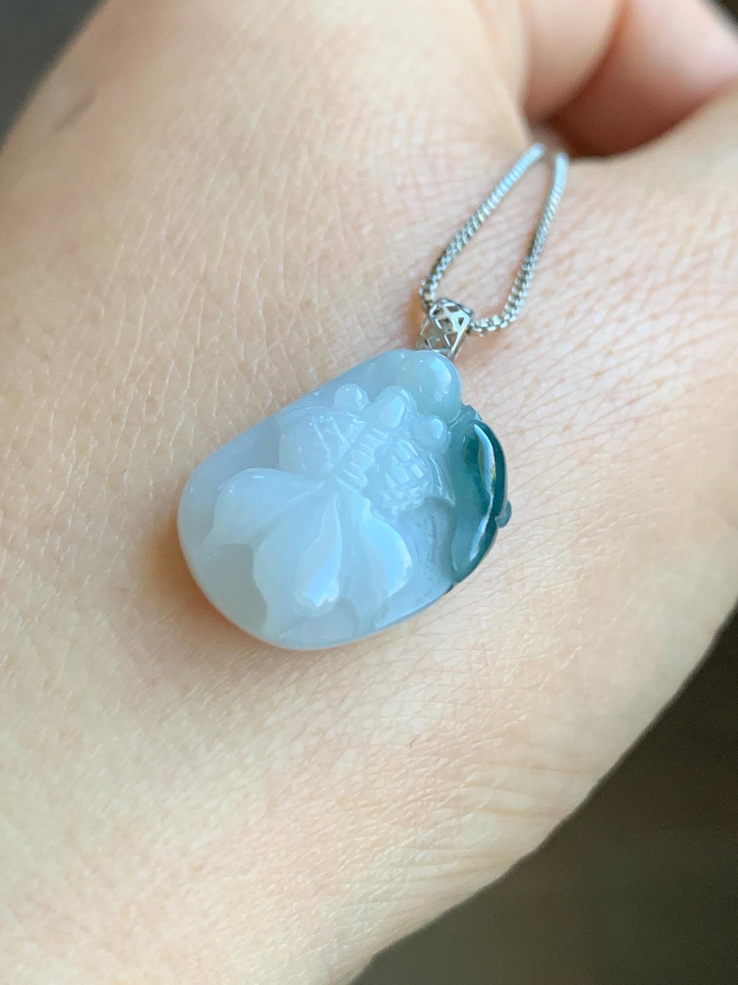 Natural Grade A Icy Translucent White & Dark Teal Blue Marbled Jadeite Carved Goldfish Lily Pad Pendant 18K White Gold 3g 天然冰飘蓝花翡翠金鱼满堂镶嵌吊坠