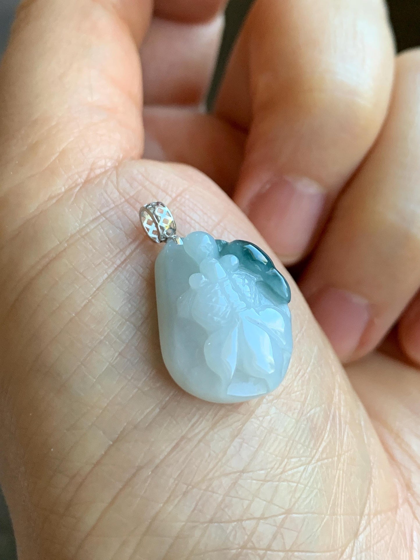 Natural Grade A Icy Translucent White & Dark Teal Blue Marbled Jadeite Carved Goldfish Lily Pad Pendant 18K White Gold 3g 天然冰飘蓝花翡翠金鱼满堂镶嵌吊坠